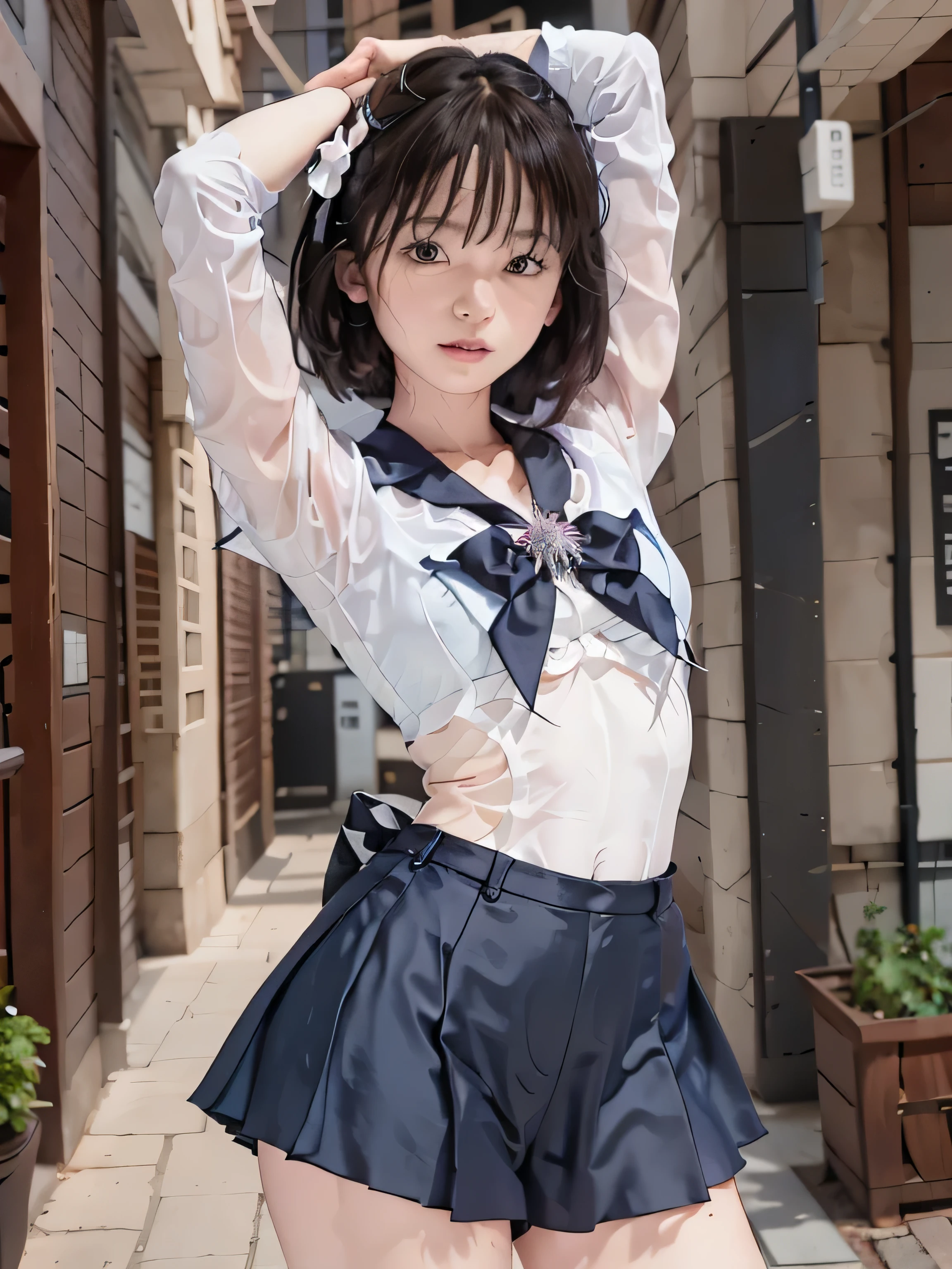 whole body、high quality、(Big Girl)、cute hairstyle、cute hair dye、white sailor collar、Sweet plaid pleated mini skirt、amusement park、、 ((blush、Cute lace panties))、(((Arms folded behind back)))、Angle from directly below,(nsfw),