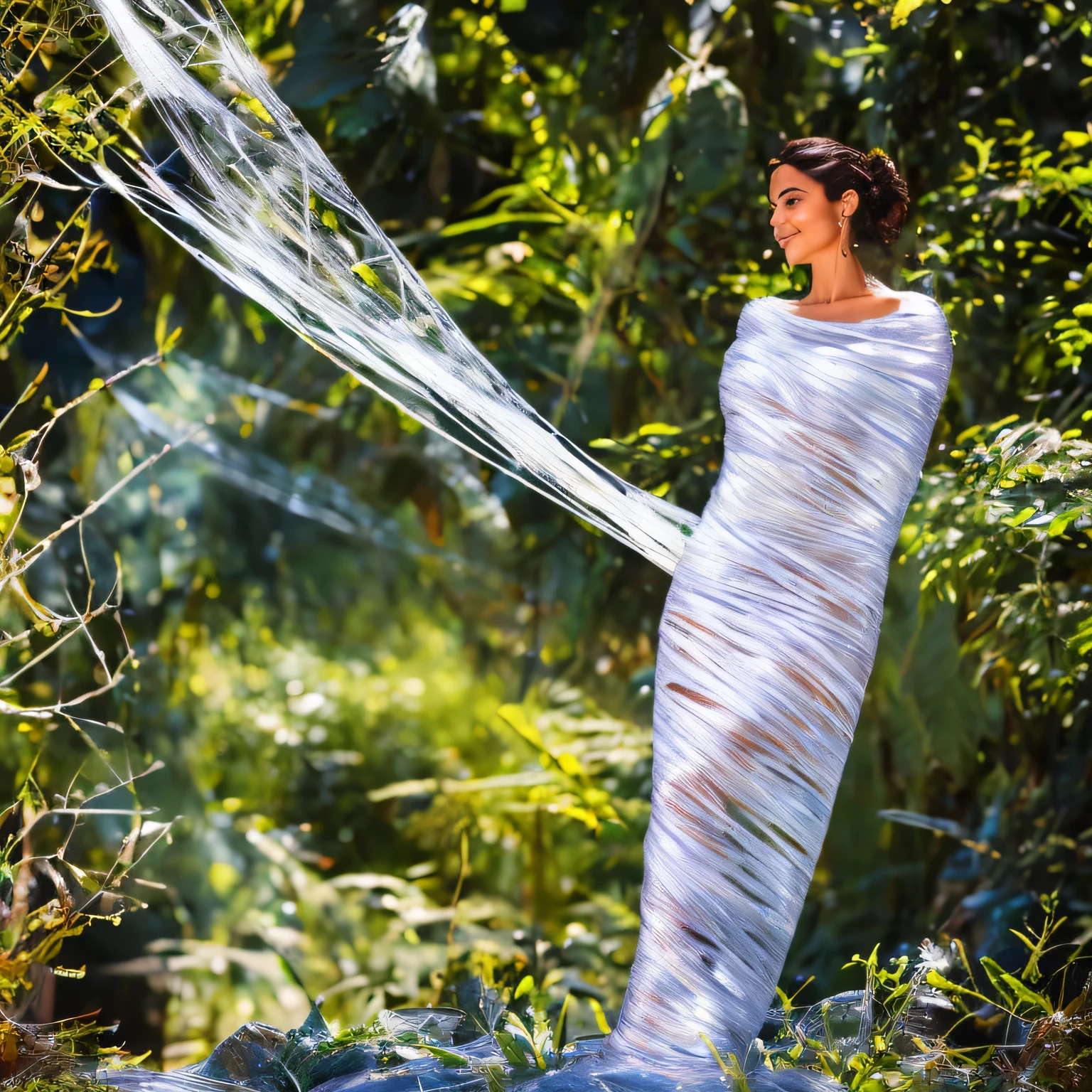 (a) fairy, beautiful,detailed wings, detailed dress, detailed face, (highres:1.2), (realistic:1.37)
medium: oil painting,spider web
(a) girl, trapped, hanging, (best quality, 8k, highres:1.2), (realistic, photo-realistic: 1.37)
spider web, dense, delicate, intricate
(garden) plants, flowers, vibrant colors
(light) soft, ethereal, sunlight filtering through the trees
(d) cobweb, sticky strands, shimmering
(cocoon) silk, translucent, wrapped tightly