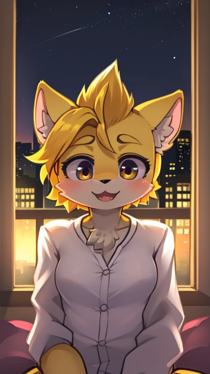 Chica zorro, peludo, small breasts, pelo largo, pelo amarillo, camisa blanca grande, acostada boca arriba, feliz, boca abierta, rubor, ojos azules, de lado, looking up at the camera, brazos hacia delante, en una cama, acostada, fondo de un apartamento de noche acostada en una cama y una ventana atras, antropomorfica, sexy