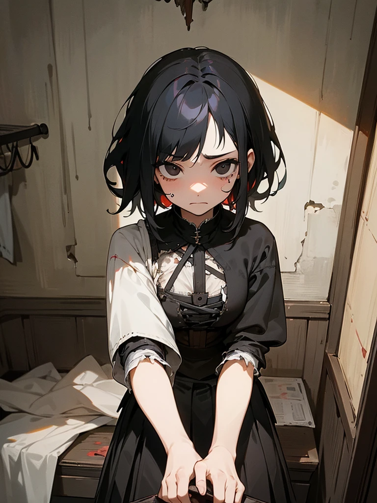 1girl, black hair, black eyes, , torn clothes, shredded clothes, bloodstains, short pleated skirt, unhappy, masterpiece, beautiful face, detailed eyes, clean fingers, medieval room, poverty, poor bedroom, detailed background