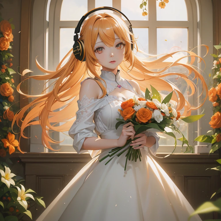 anime girl with long hair wearing headphones and holding flowers, anime style 4 k, nightcore, beautiful anime portrait, painted in anime painter studio, guweiz on pixiv artstation, detailed digital anime art, anime art wallpaper 8 k, orange halo around her head, beautiful anime, anime art wallpaper 4k, anime art wallpaper 4 k, official artwork