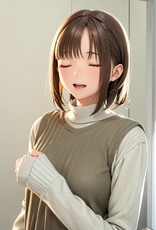 High resolution,In 8K,highest quality,detailed,Semi-realistic anime,Anime 3D Style,Smooth anime CG,One Girl,19-year-old woman in Japan,slim,Modeled,Shiny brown hair,Medium Hair,detailedな顔,Beautiful and detailed,Glowing Skin,Light turtleneck shirt,Put on a striped shirt,straggling hair,Angelic hairstyle,(Small breasts),((close your eyes)),((Open your mouth)),((Laughter))