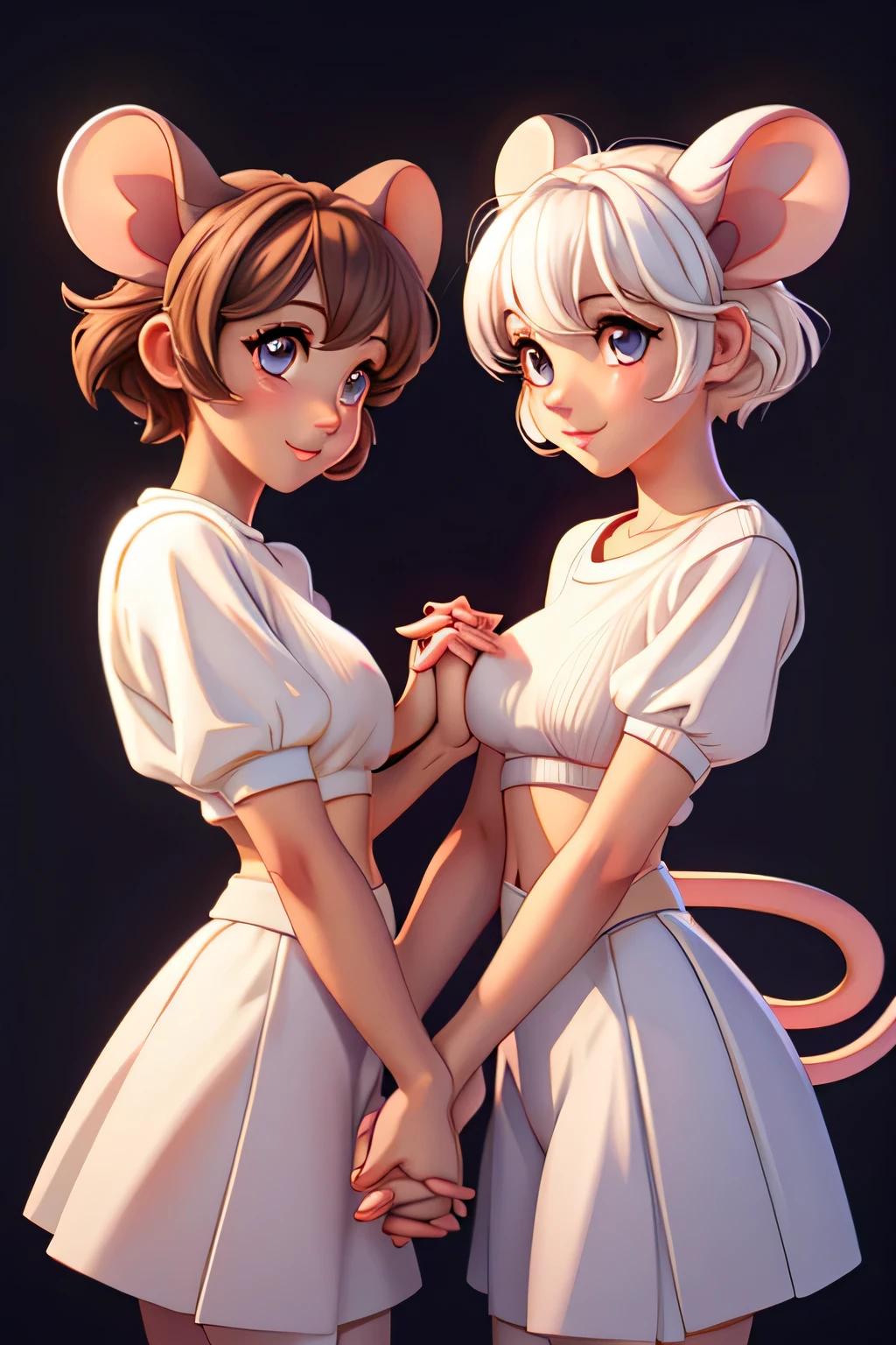 Twins, mouse girls, short fluffy white hair, big round mouse ears, white sweaters, holding hands, ((dark brown eyes)), couple, beautiful, glossy lips, detailed eyes, medium breasts, midriff