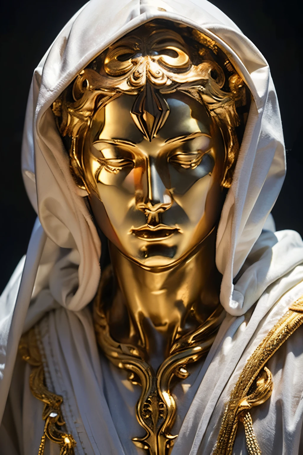 sculpture of a male god of Light in a robe and a simple hood that covers his full-length eyes, High detail, Dramatic lighting, high quality, the hood covers his eyes!
