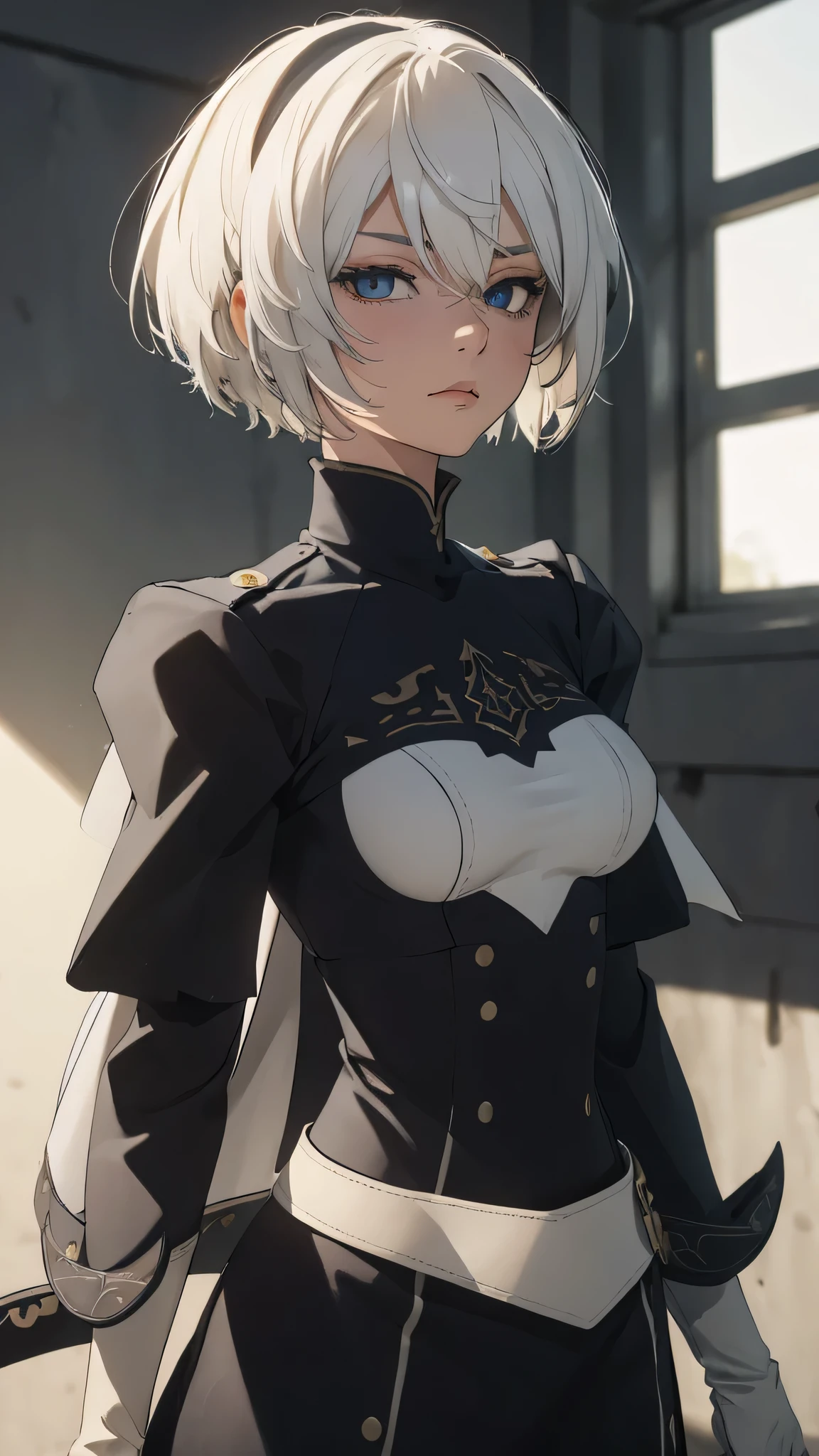 (extremely detailed CG unity 8k wallpaper), (masterpiece), (best quality), (ultra-detailed), (best illustration), (best shadow), (absurdres), 2b, 1girl, short hair, long ponytail, normal size boobs, white hair, blindfold solo, Intimidating women, admiral uniform, night, hero pose, white clothes, General Uniform, Military Uniform, Sunlight, exposed to sunlight,commander, cape, fighting, ((beautiful fantasy girl)), (Master Part: 1.2), Best Quality, High Resolution, photorealestic, photogenic, Unity 8k壁纸, perfect lighting, (perfect arms, perfect anatomy) beatiful face, intricate details, Detalhes realistas, the anime, The Perfect Girl, perfect details, Ultra HD |, 8K, Professional photo