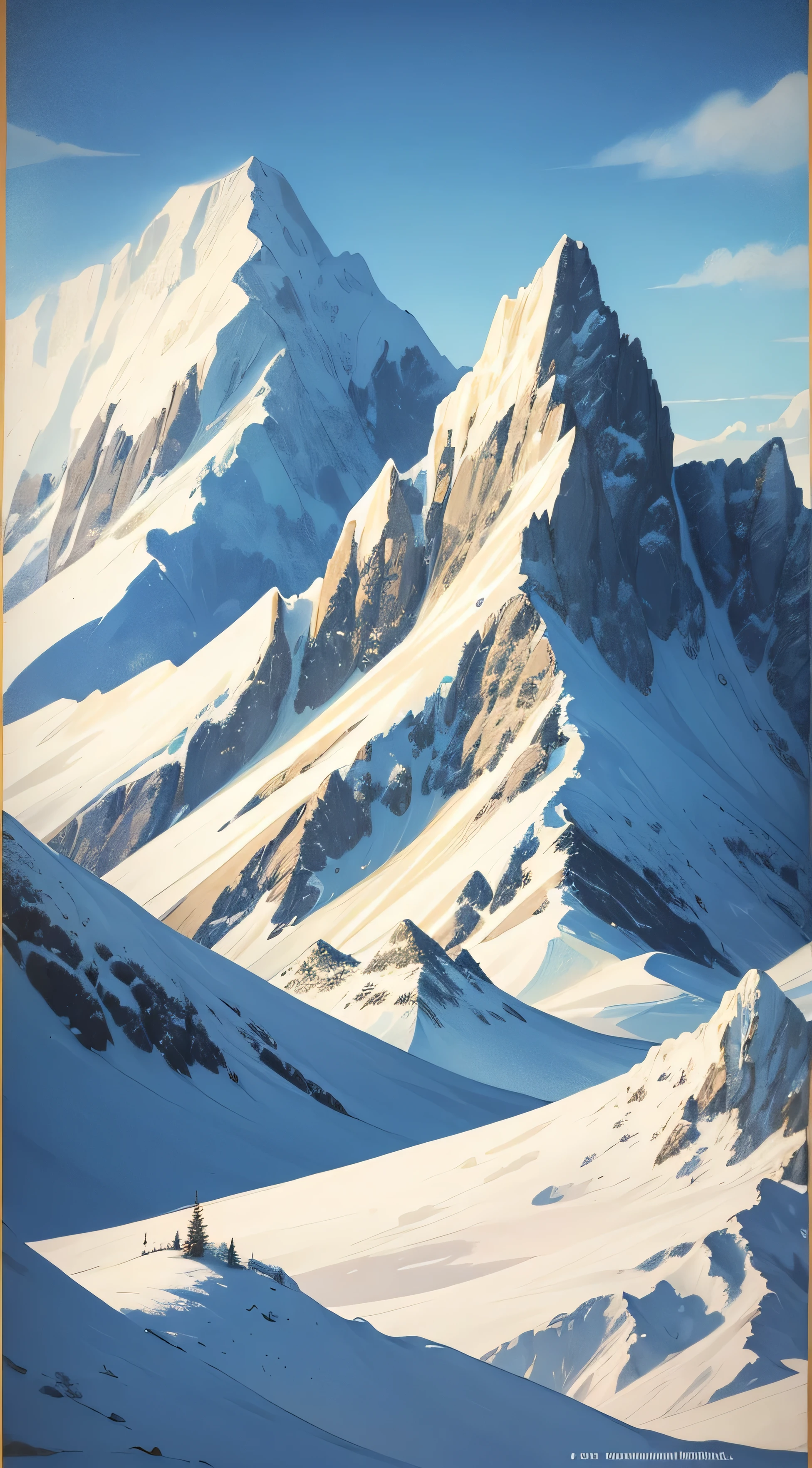 Samivel affiche, affiche vintage, Montagne de neige, vieille affiche, Old-fashioned poster. Inspired by Samivel (8k, highly quality, Hdr, esquisse) esquisse pastel, dessin esquisse, dessin pastel, couleur douce, couleur pastel.