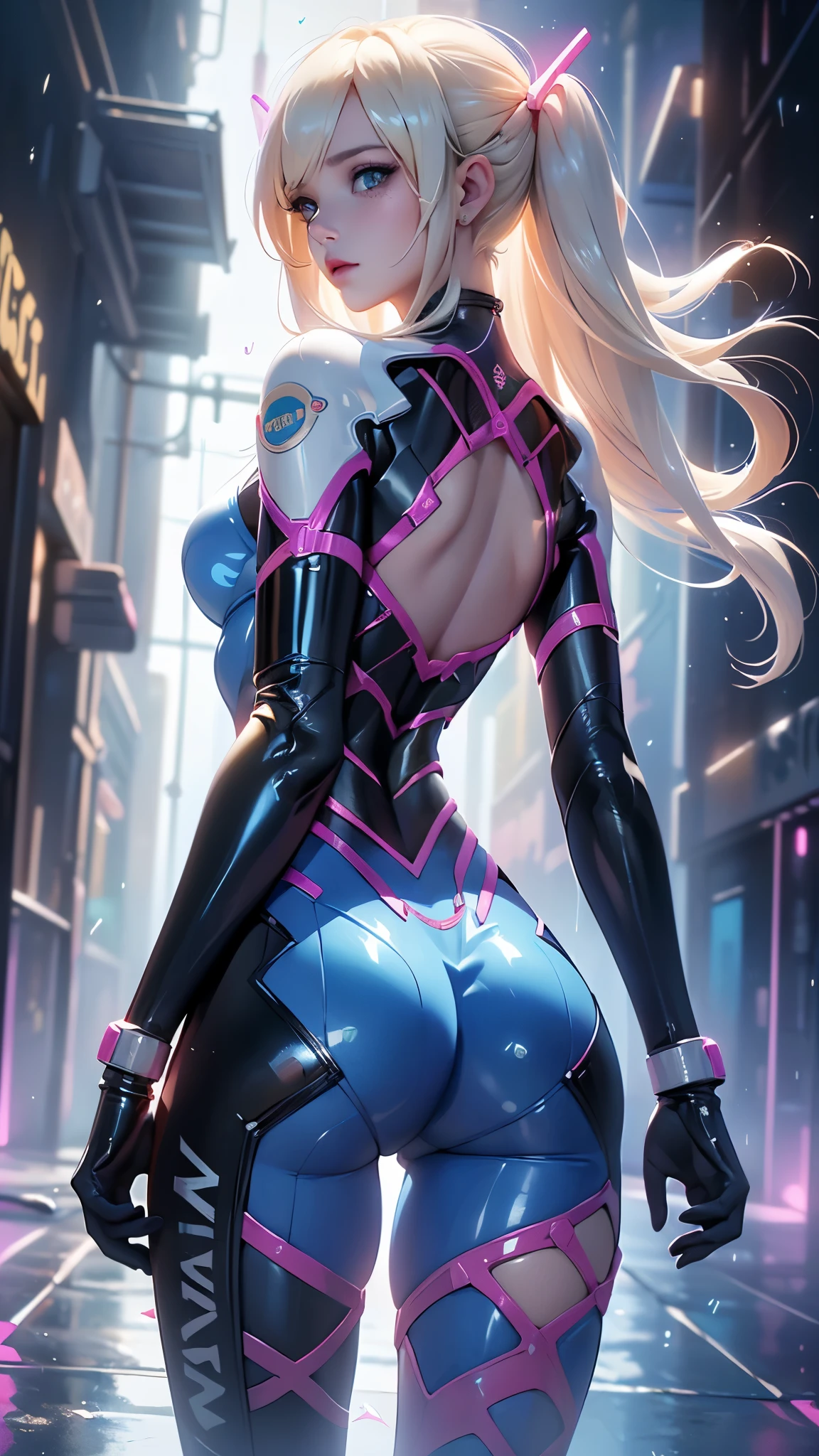 (Obra maestra: 1.4), (8K, realista, foto cruda, La mejor calidad: 1.4), ojos expresivos, cara perfecta, high resolution, 1 chica, solo, (आहाना:1.4) ,(D.va (Song Hana) Song Hana :1.4), pelo largo, By the chestnut, (Auriculares:1.4) ,(Latex Pilot Suit:1.4), marcas de bigotes, Hombreras, mono azul, body acanalado, Huella animal, escritura de ropa, mangas largas, guantes blancos, sonriente, de pie, tiro de vaquero, mirando al espectador, score_9, score_8_up, score_7_up, score_6_up, rating_explicit, 1girl, ((18YO:1.2)), Adult, full lips, big clear eyes, light blue eyes, ((blond hair:1)), (long wavy hair: 1.2),(Song Hana:1.4), (D.va (Song Hana) Song Hana V2.1), (background laboratory industrial chemical robotics :1.4),(fondo taller de motos:1.4),, (perfect ), (manos perfectas detailed :1.4),( colores brillantes), (background alley walls big stones cyberpunk :1.4), (cayendo lluvia agua cristalina :1.4), (nublado), (rear view, backside view),