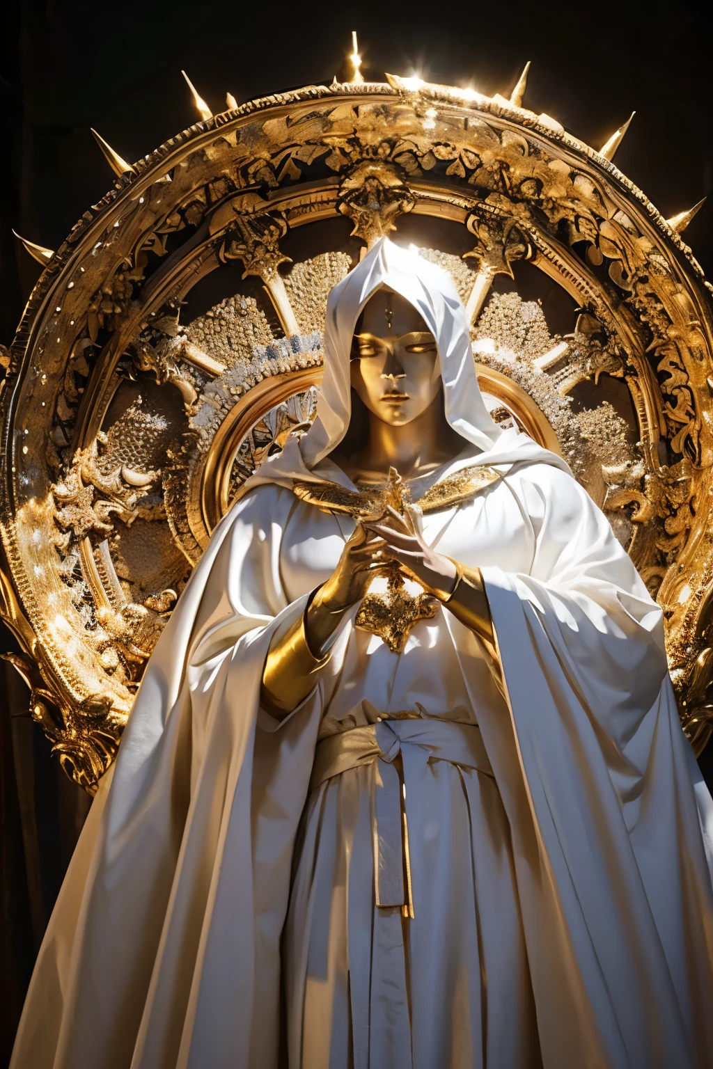 sculpture of a male god of Light in a robe and a simple hood that covers his full-length eyes, High detail, Dramatic lighting, high quality, the hood covers his eyes!
