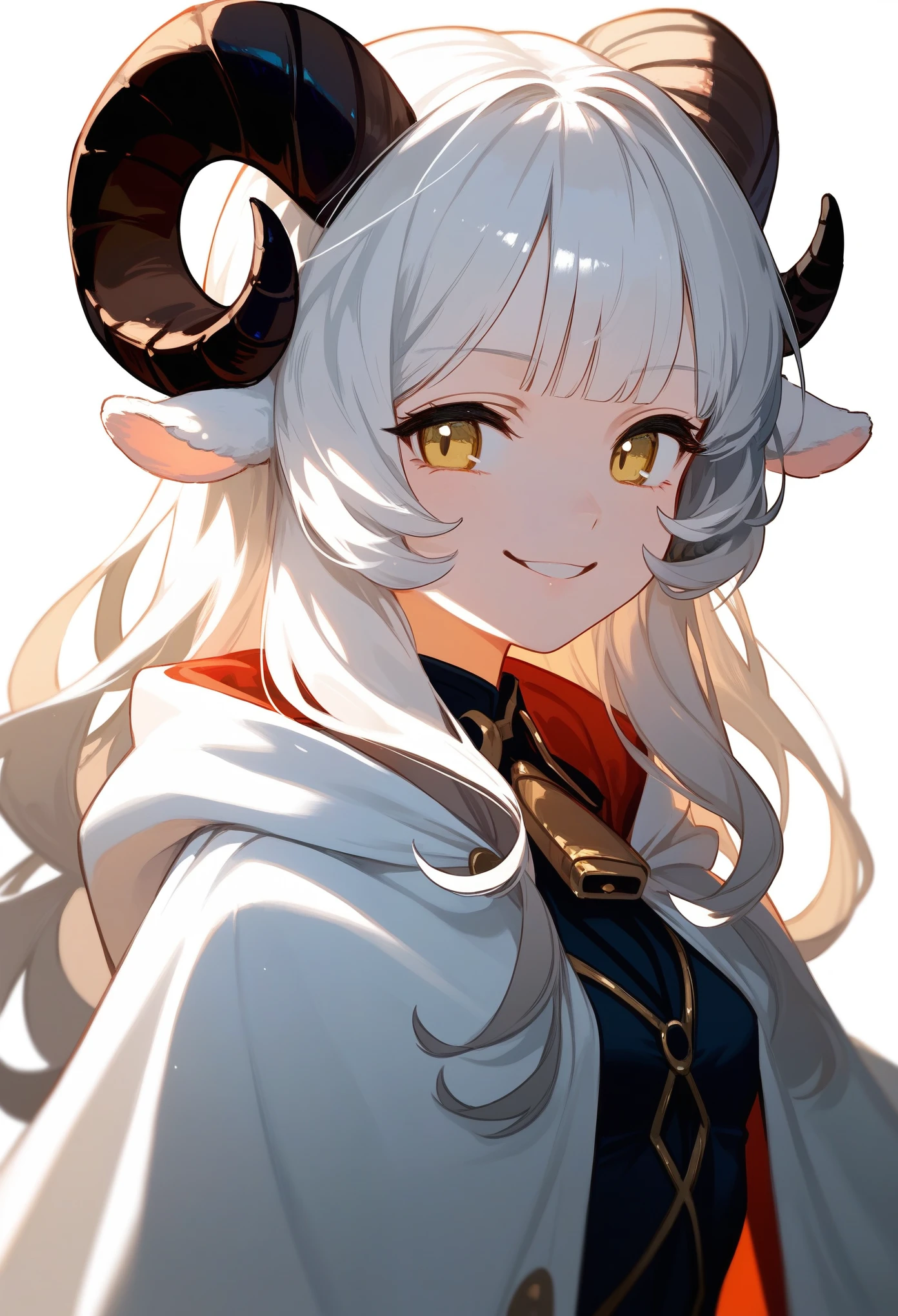 (score_9, score_8_up, score_7_up), 1girl, solo, sheep horns, curled horns, black horns, white sheep ears, white hair, long hair, hime cut, long bangs, sheep horns, curled horns, yellow eyes, evil smile, smug, :>, small breasts, standing, hooded cultist cloak, old fashioned, white background, simple background, upper body, highres, detailed, best quality, masterpiece,