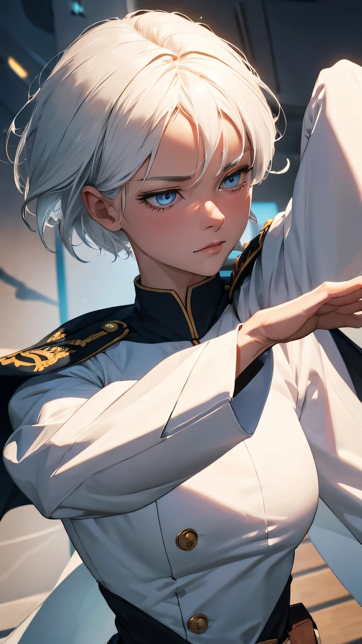 extremely detailed CG unity 8k wallpaper), (masterpiece), (best quality), (ultra-detailed), (best illustration), (best shadow), (absurdres) ,(detailed eyes), 2b, 1girl, short hair, white hair, solo, Intimidating women, admiral uniform, night, hero pose, white clothes, General Uniform, Military Uniform, Sunlight, exposed to sunlight,commander, fighting pose, wearing cape, talking with someone