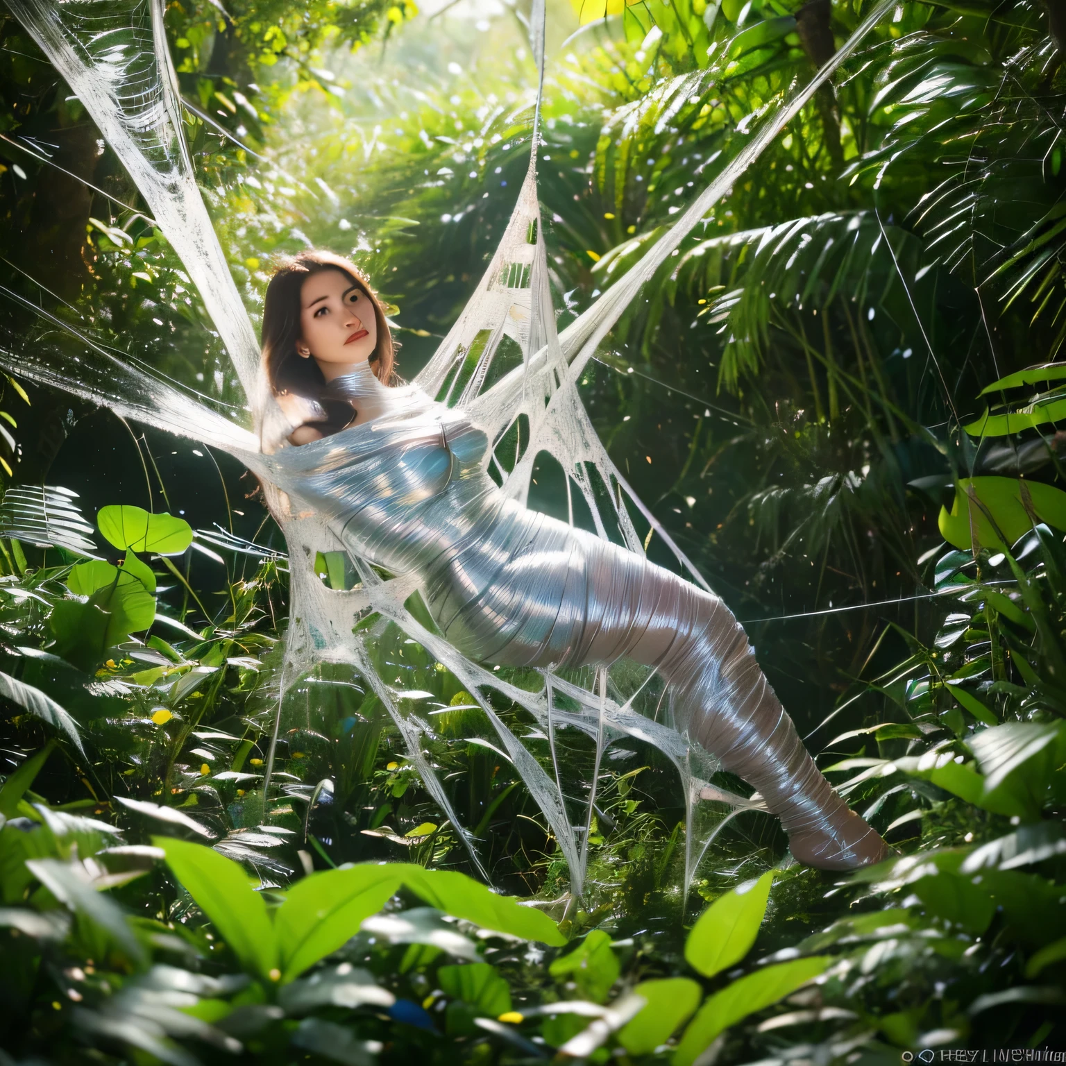 (a) fairy, beautiful,detailed wings, detailed dress, detailed face, (highres:1.2), (realistic:1.37)
medium: oil painting,spider web
(a) girl, trapped, hanging, (best quality, 8k, highres:1.2), (realistic, photo-realistic: 1.37)
spider web, dense, delicate, intricate
(garden) plants, flowers, vibrant colors
(light) soft, ethereal, sunlight filtering through the trees
(d) cobweb, sticky strands, shimmering
(cocoon) silk, translucent, wrapped tightly