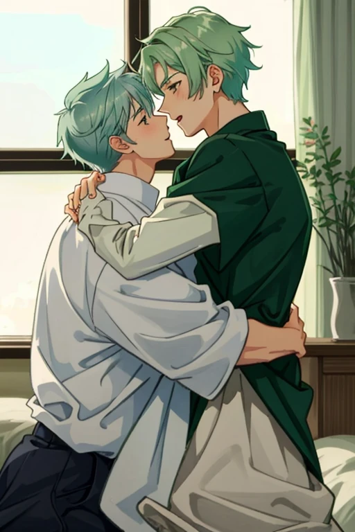 Anime BL, boy with green hair,      boy with silver hair  two boy, sex