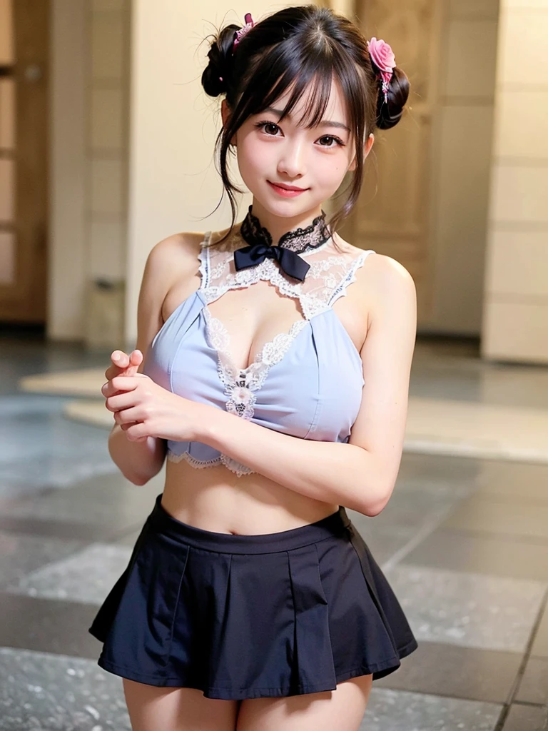 1 nogizaka girl, So cute, bishojo, 14, (gothic fashion), A delicate and beautiful face, eyes, and skin, dense black shiny hair, elegant frills, frilled tie, ribbon tie, rose hair accessories, twin tails、(smile at the camera), (cowboy shot), (european castle), professional lighting, break, (realistic, photo-realistic:1.37), 8K, (masterpiece), (highest quality:1.4), (ultra high resolution:1.2), (RAW photo:1.2), (a dress with delicate lace, soft fabric, and a beautiful rose pattern), perfect anatomy, 4 fingers and 1 thumb, super detailed background, (unity 8K wallpaper)、very big breasts