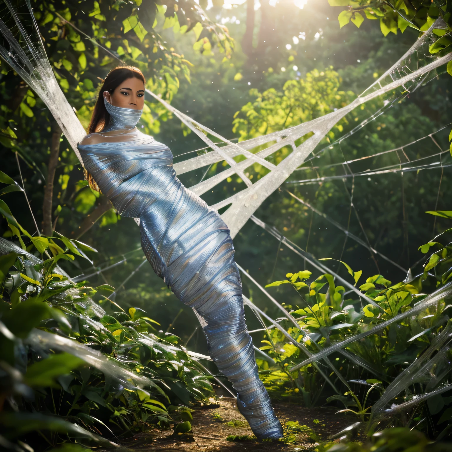 (a) fairy, beautiful,detailed wings, detailed dress, detailed face, (highres:1.2), (realistic:1.37)
medium: oil painting,spider web
(a) girl, trapped, hanging, (best quality, 8k, highres:1.2), (realistic, photo-realistic: 1.37)
spider web, dense, delicate, intricate
(garden) plants, flowers, vibrant colors
(light) soft, ethereal, sunlight filtering through the trees
(d) cobweb, sticky strands, shimmering
(cocoon) silk, translucent, wrapped tightly,gagged