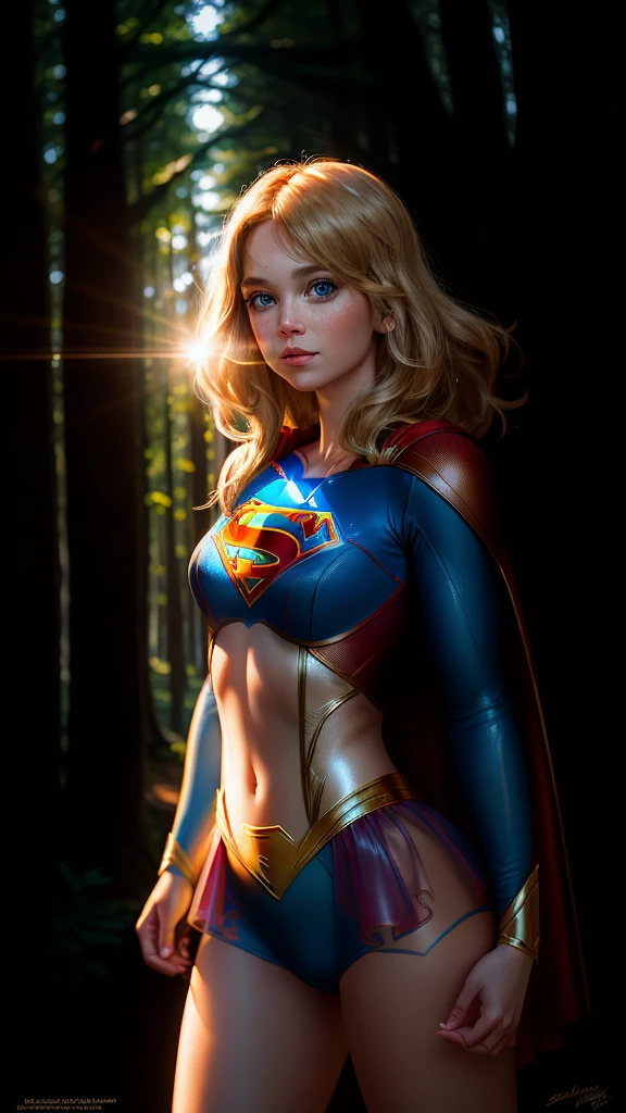 Title: "Supergirl's Radiant Masterpiece in the Enchanted Forest"

Supergirl, the blonde superheroine with fair skin and outlined blue eyes, stands proudly in the heart of an enchanted forest. Dressed in her nice superhero clothes, she is adorned with a gleaming S symbol on her chest, reminiscent of her inspirational mentor, Superman. The sun peeks through the canopy of trees, casting a warm, golden light on her outlined face and adding depth to her realistic skin texture.

With a brush in one hand and a canvas in the other, Supergirl has completed her masterpiece. The high-quality, ultra-detailed photo