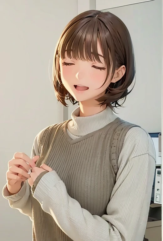 High resolution,In 8K,highest quality,detailed,Semi-realistic anime,Anime 3D Style,Smooth anime CG,One Girl,19-year-old woman in Japan,slim,Modeled,Shiny brown hair,Medium Hair,detailedな顔,Beautiful and detailed,Glowing Skin,Light turtleneck shirt,Put on a striped shirt,straggling hair,((close your eyes)),((Angelic hairstyle)),(Small breasts),((Open your mouth)),((Laughter))