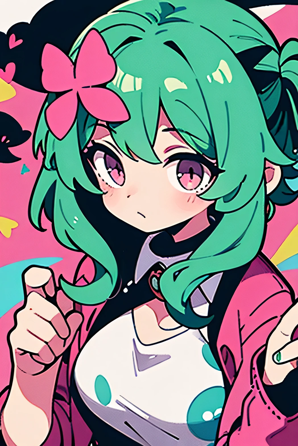 Girl with green hair and red eyes, wearing pastel pink jacket and butterflies on the background