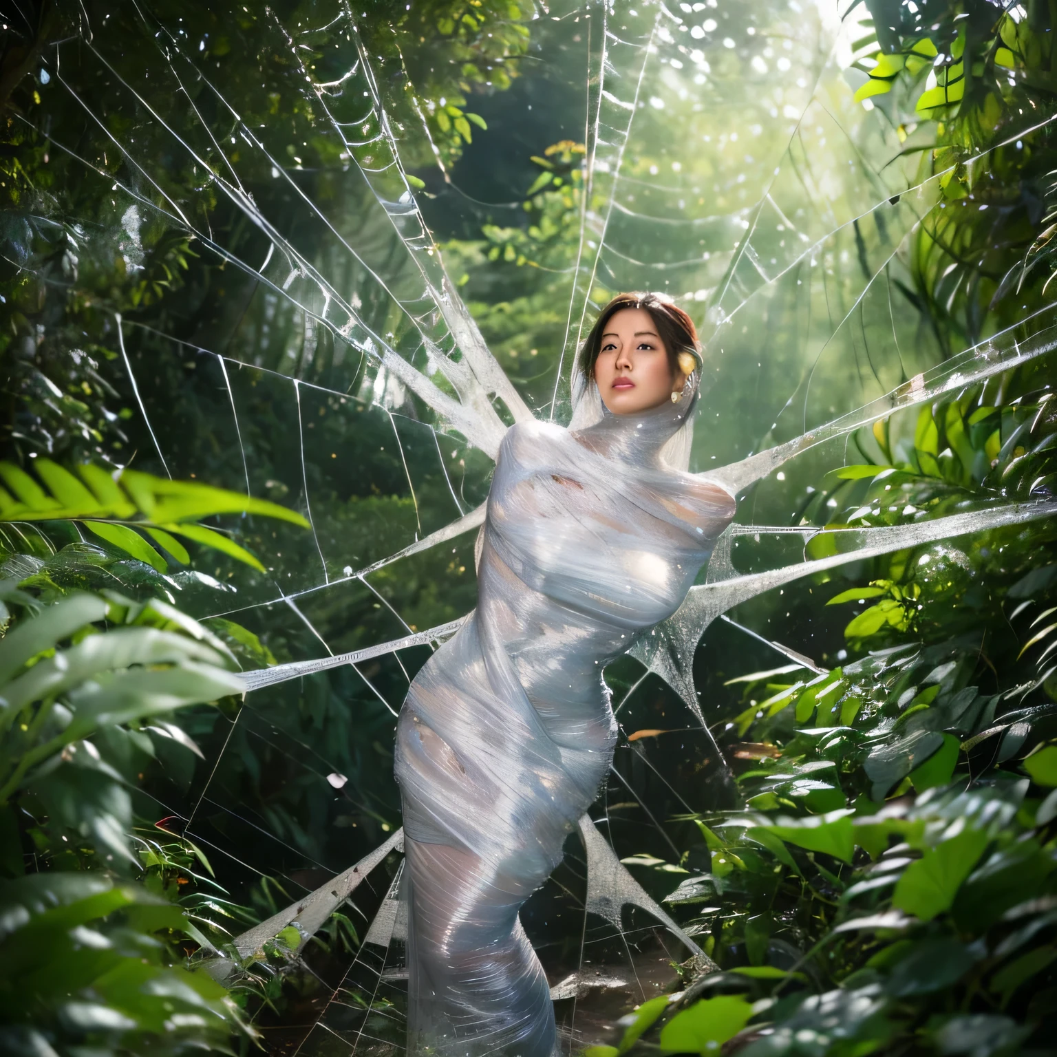 (a) fairy, beautiful,detailed wings, detailed dress, detailed face, (highres:1.2), (realistic:1.37)
medium: oil painting,spider web
(a) girl, trapped, hanging, (best quality, 8k, highres:1.2), (realistic, photo-realistic: 1.37)
spider web, dense, delicate, intricate
(garden) plants, flowers, vibrant colors
(light) soft, ethereal, sunlight filtering through the trees
(d) cobweb, sticky strands, shimmering
(cocoon) silk, translucent, wrapped tightly