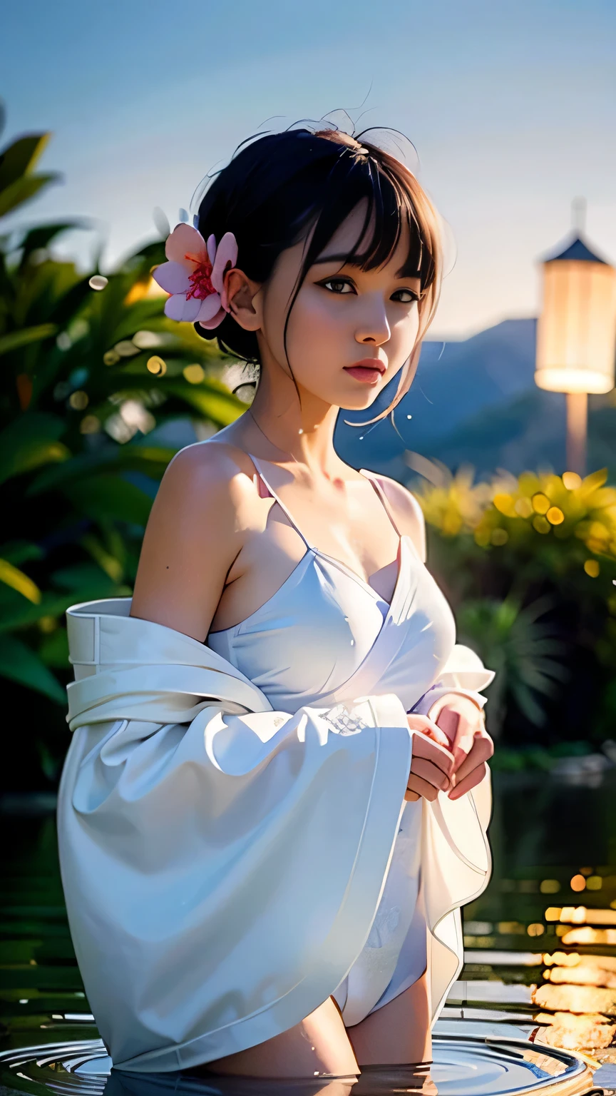 1girl, breasts, moon, lantern, night, solo, medium breasts, hair ornament, wet, kimono, japanese clothes, wading, water, hair flower, flower, outdoors, sky, full moon, rain, black hair, off shoulder, mountain, cloud, holding, sash, bare shoulders, paper lantern, standing, white kimono, night sky, sideboob, obi, wet clothes, bangs, tree, from side, reflection, short hair, cloudy sky, wet hair (((masterpiece),(extremely detailed CG unity 8k wallpaper),best quality,,solo,1girl,cinematic lighting,detailed background,beautiful detailed eyes,bright pupils, (an extremely delicate and beautiful),(Beautiful and detailed eye description)， ultra-detailed,masterpiece))