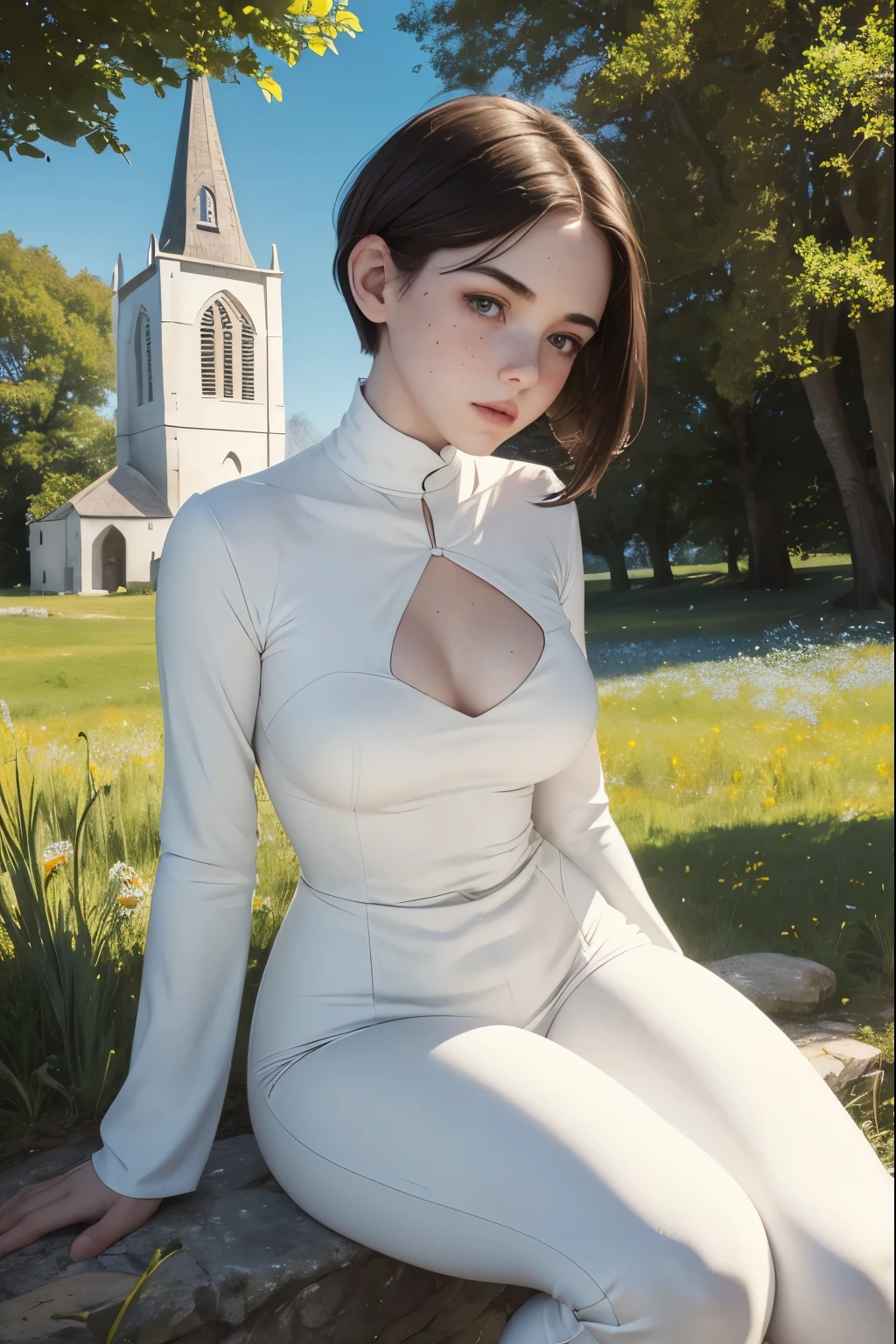 A young female cleric in a fantasy setting. Wearing a tight white suit. She is rather slim. Very small breasts. Wide hips and long thick legs. Extremly pale skin with liverspots. Dark brown hair. A very very short boyish haircut. Extremly short hair. A narrow soft face. Soft round chin. Rather big forehead. A very long and big nose. Cute curved lips. Big upturned eyes. Very bright and barley visible eyebrows. Very very thin eyebrows. Pale skin with freckles and liverspots. Long neck. Cute, soft, friendly, shy. Background: A romantic scenery with a beautiful path that leads to a little church. Nice spring weather. Meadow and blue sky. 