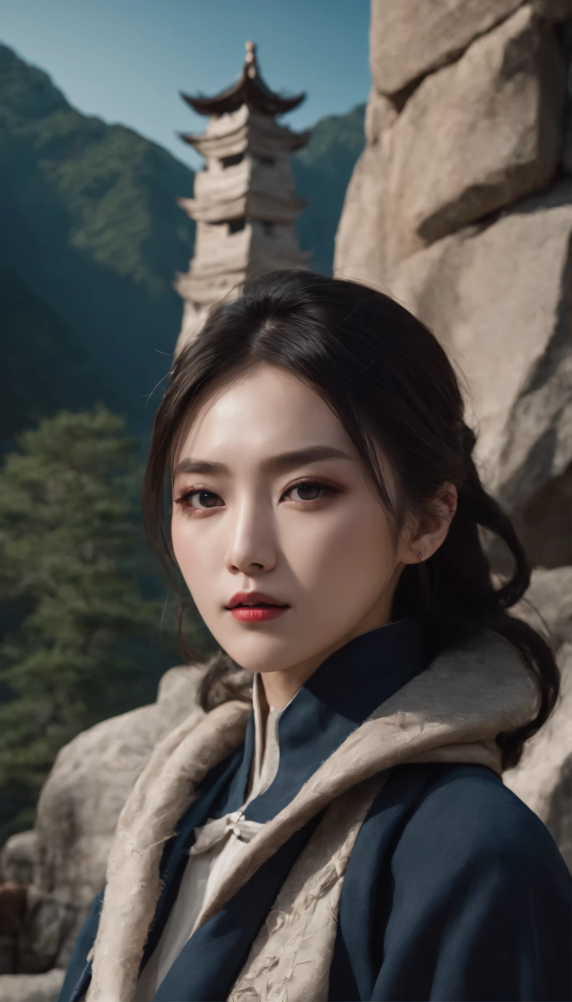 Mountain々Modern Chinese buildings with the background、narrative poem、Cinematic、masterpiece、highest quality、超High resolution、16K UHD、Photorealistic:1.4、High resolution、Raw photo、Sharp rendering、Kodak Portra 400 camera and Canon EF 1.Captured by Lee Jeffries using a Nikon D850 film stock photo with 6 lenses。Rich colors、Ultra-realistic and realistic texture、Dramatic lighting brings this image to life、Trending on ArtStation's Cinestill 800。背景の詳細なMountain々teeth、In stark contrast to modern Chinese architecture、Creating breathtaking cinema