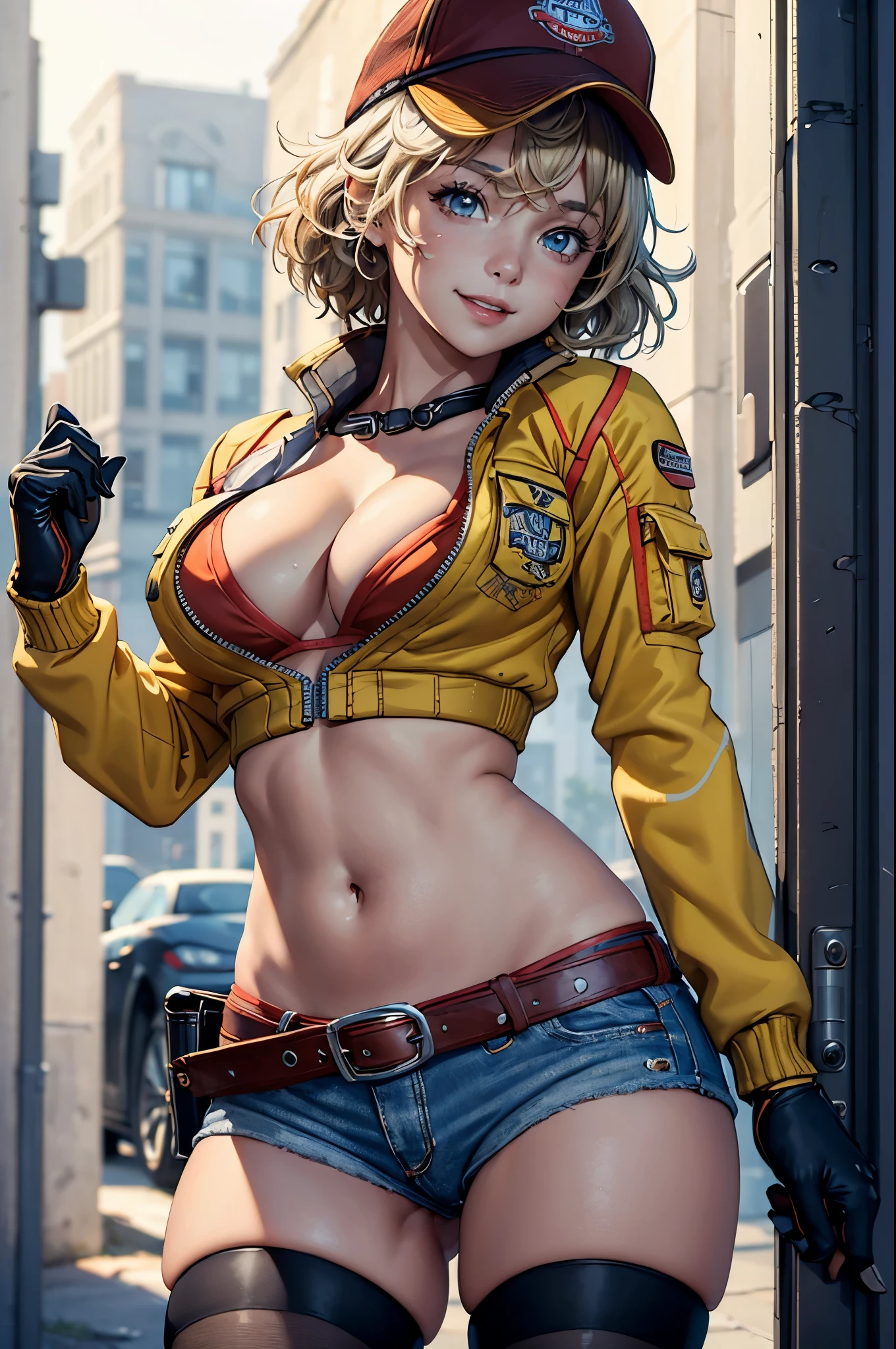 (masterpiece, best quality:1.2), expressive eyes, perfect face, highres, 1girl, solo, cindy aurum, baseball cap, cropped jacket, cleavage, orange bra, black gloves, belt, denim shorts, black stockings, white boots, smiling, standing, upper body, looking at the viewer