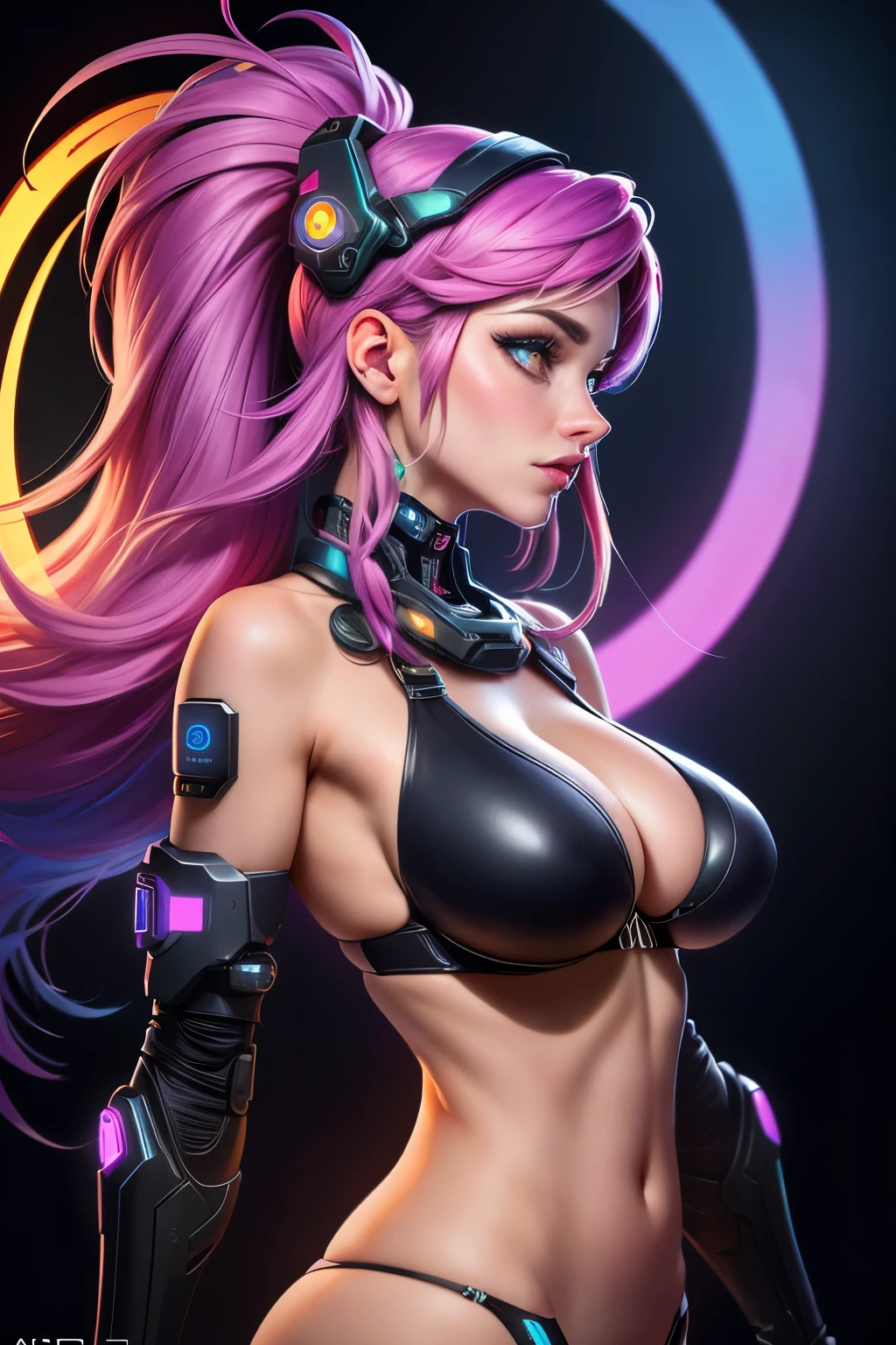 Aktmeisterwerk, cyberpunk girl with cyber implants, micro cyber tech bikini, side view of the upper body, looking shy to the viewer, b cup tits, A cute girl with an insane amount of colofull implants all over her body, glowing halo over the head, rainbow colored hair, long hair, teased hair, "trading derivatives, HDR, RGB, highly realistic, Volumetric light, auras, vivid colors reflect, visual surreal"