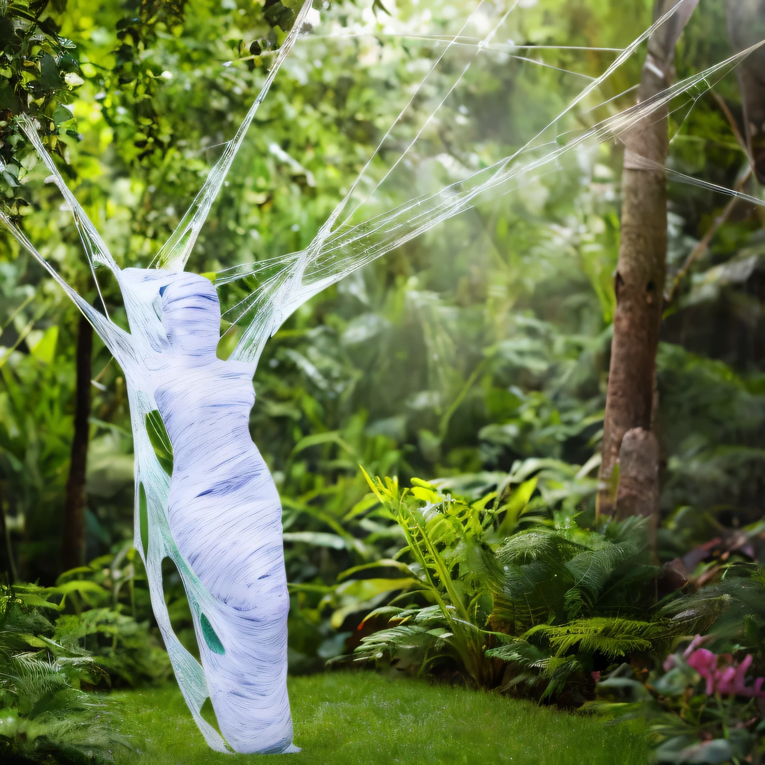 (a) fairy, beautiful,detailed wings, detailed dress, detailed face, (highres:1.2), (realistic:1.37)
medium: oil painting,spider web
(a) girl, trapped, hanging, (best quality, 8k, highres:1.2), (realistic, photo-realistic: 1.37)
spider web, dense, delicate, intricate
(garden) plants, flowers, vibrant colors
(light) soft, ethereal, sunlight filtering through the trees
(d) cobweb, sticky strands, shimmering
(cocoon) silk, translucent, wrapped tightly