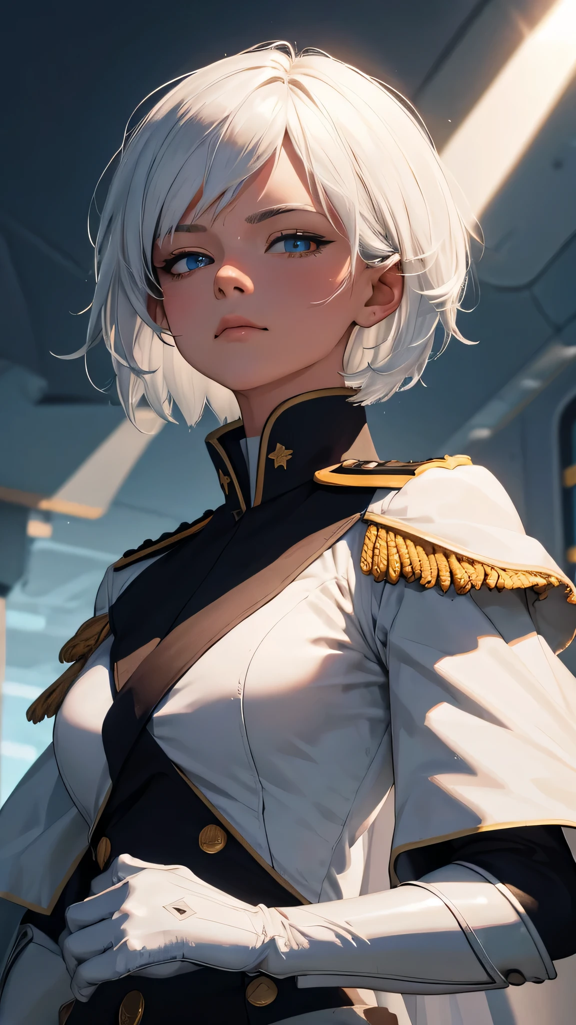 extremely detailed CG unity 8k wallpaper), (masterpiece), (best quality), (ultra-detailed), (best illustration), (best shadow), (absurdres) ,(detailed eyes), 2b, 1girl, short hair, white hair, solo, Intimidating women, admiral uniform, night, hero pose, white clothes, General Uniform, Military Uniform, Sunlight, exposed to sunlight,commander, fighting pose, wearing cape, talking with someone