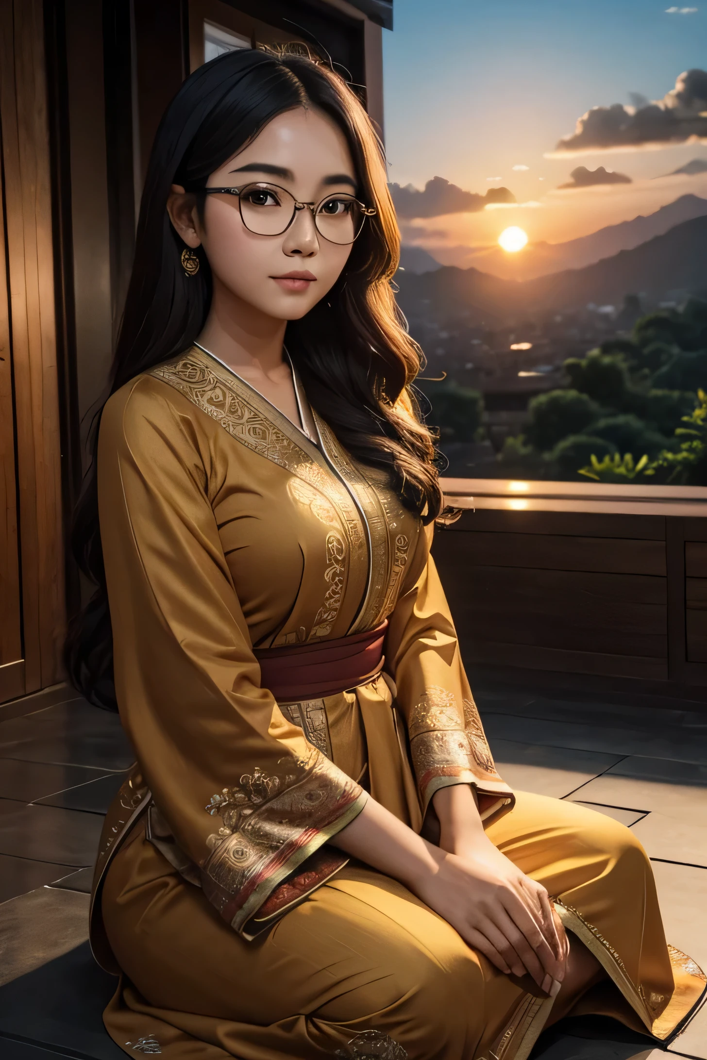 detailed face of half  body photo. 25 year old Indonesian girl with a sweet  face,  big  round face and long brown wavy hair, round glasses, wearing a long brown kebaya with full patern sitting cross-legged in front of an incense arrangement at a Balinese temple at sunset with the sunset in the background


