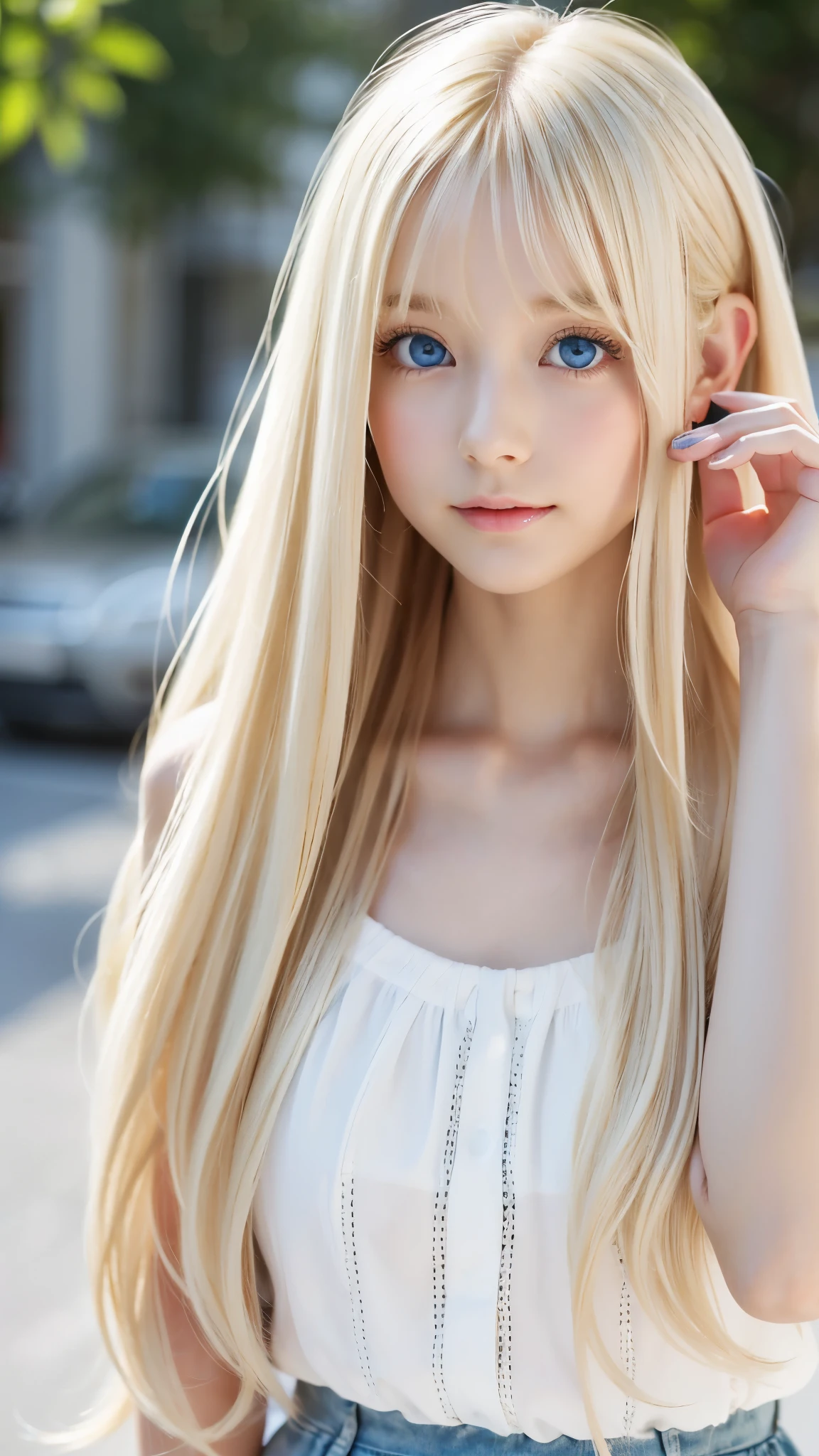 Shining, clear, white skin、Her windblown blonde hair hides her beautiful face、huge、28 years old cute sexy little beautiful face、Beautiful straight hair that stands out、growing up, Sparkling light blue eyes、long silky bangs that cover cute eyes, Sexy and cute young woman with super long hair hiding her sexy face、Super long, natural platinum blonde shiny hair