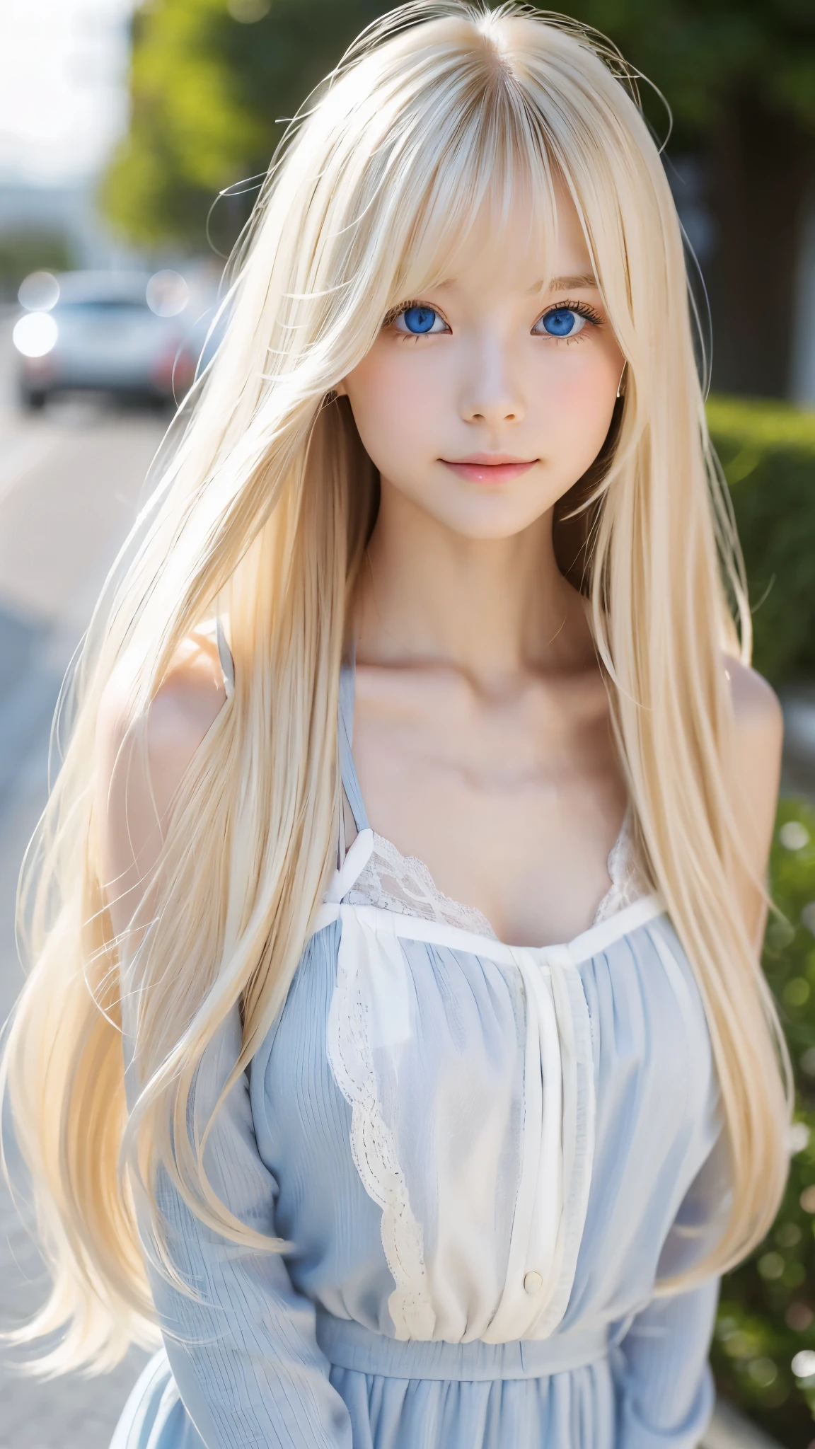 Shining, clear, white skin、Her windblown blonde hair hides her beautiful face、huge、28 years old cute sexy little beautiful face、Beautiful straight hair that stands out、growing up, Sparkling light blue eyes、long silky bangs that cover cute eyes, Sexy and cute young woman with super long hair hiding her sexy face、Super long, natural platinum blonde shiny hair
