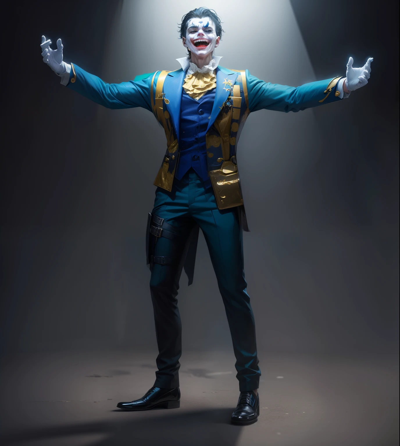 absolute redraw absolute copy face laughs face of the Joker with white gloves on his hands keep gold colors keep blue colors keep black colors do not change Ultra quality 8k