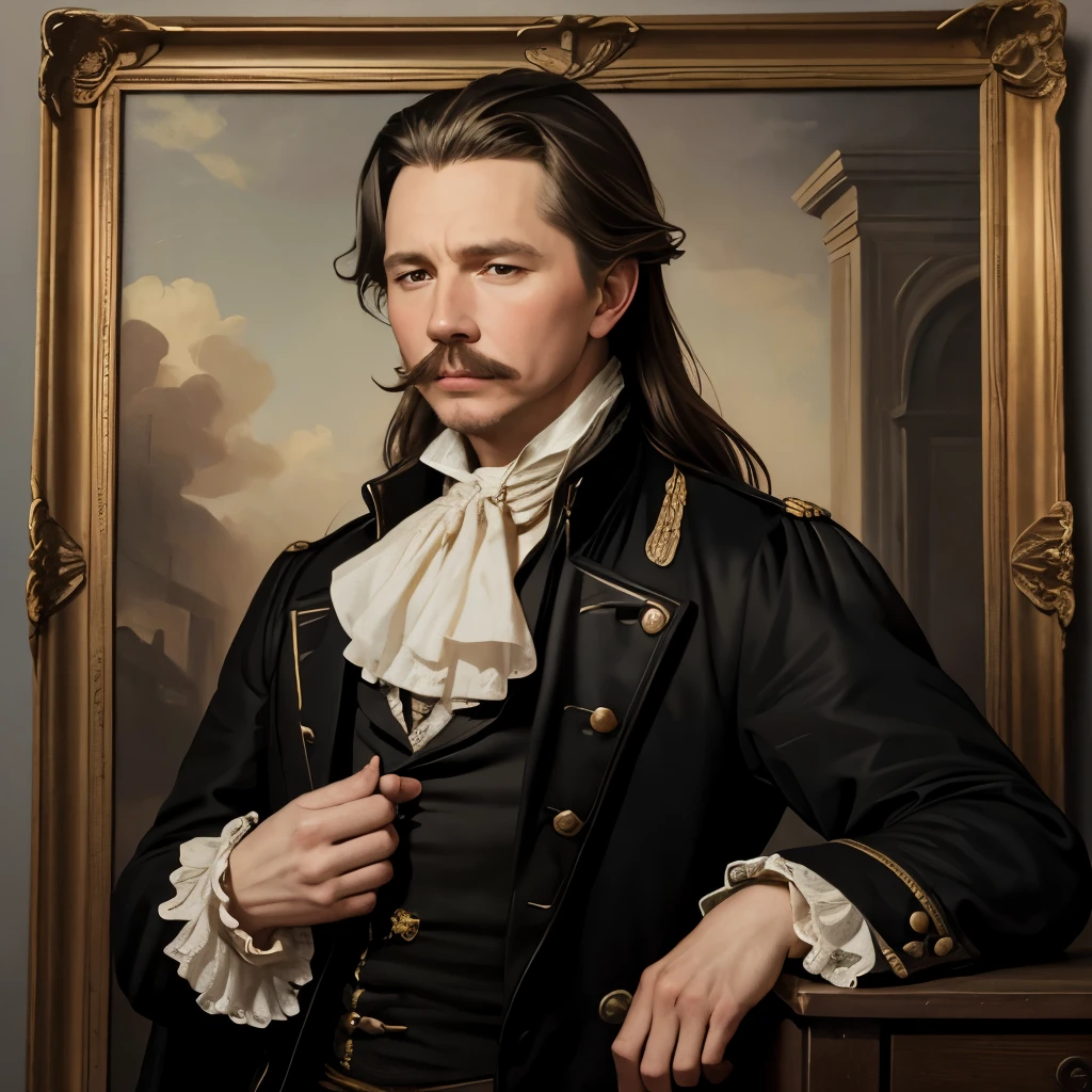 18th century american man, 18th century oil painting portrait, Young gary oldman, colonial american Young man, Moustache, long hair, oil painting filter, black and bordeau coat, cravat