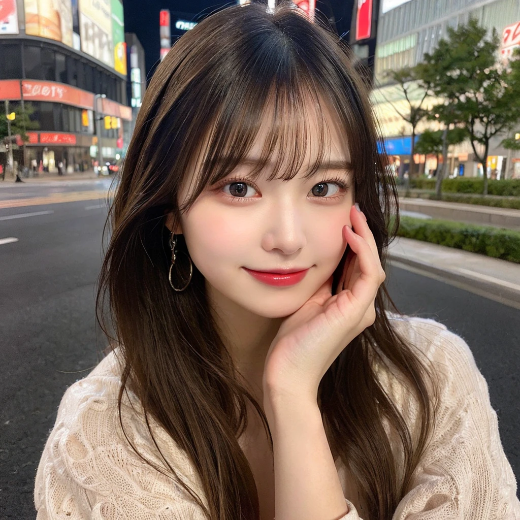 Tabletop, highest quality, shape, Very detailed, finely, High resolution, 8k wallpaper, 完璧なダイナミックな構shape, Beautiful and detailed, Latest fashion trends in Tokyo winter wear,Medium Hair, Small breasts, Natural color lip,smile,20-year-old girl、Midnight、Beautiful and elaborate face、Perfect and beautiful face、Slim face and figure,spread your arms wide,Big eyes,Take a photo with your face raised from below your knees、Small face、Beautifully detailed face、Perfect and beautiful double eyelids