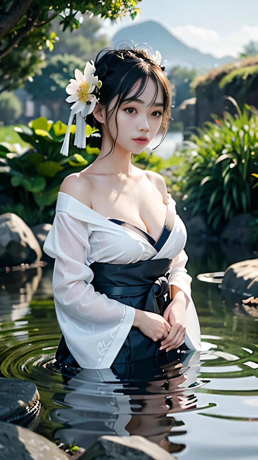 1girl, breasts, moon, lantern, night, solo, medium breasts, hair ornament, wet, kimono, japanese clothes, wading, water, hair flower, flower, outdoors, sky, full moon, rain, black hair, off shoulder, mountain, cloud, holding, sash, bare shoulders, paper lantern, standing, white kimono, night sky, sideboob, obi, wet clothes, bangs, tree, from side, reflection, short hair, cloudy sky, wet hair (((masterpiece),(extremely detailed CG unity 8k wallpaper),best quality,,solo,1girl,cinematic lighting,detailed background,beautiful detailed eyes,bright pupils, (an extremely delicate and beautiful),(Beautiful and detailed eye description), ultra-detailed,masterpiece))