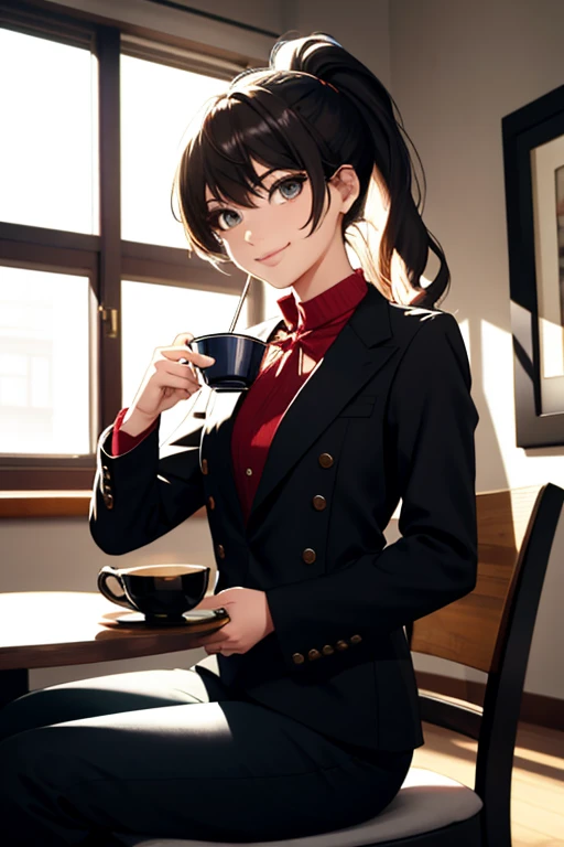 "girl，Masterpiece level work，Better image quality，In front of the camera，Neckline，He smiles，Sexy servant，Looking directly at the camera，By pants，Perfect bodies, night background，He sits drinking a cup, Inside the room, Related Poetry , Ponytail hair 