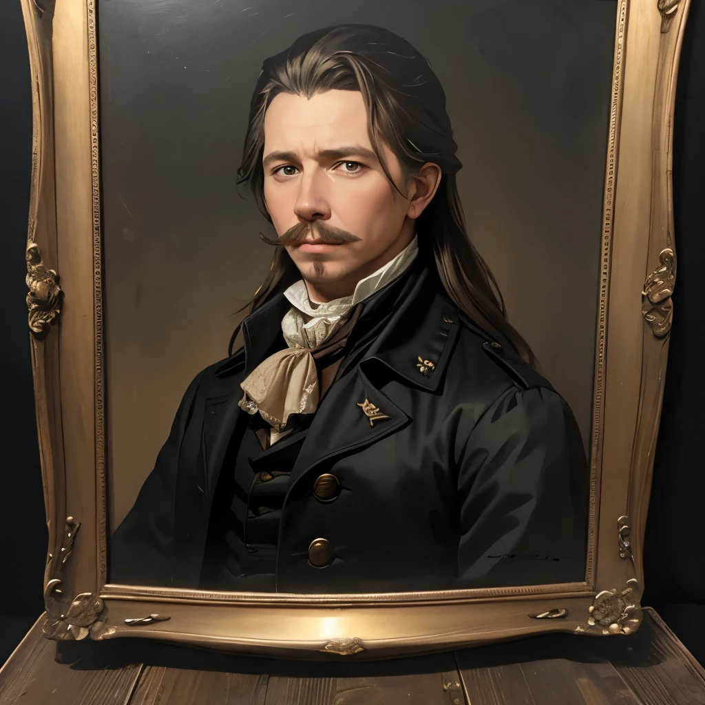 18th century american man, 18th century oil painting portrait, Young gary oldman, colonial american Young man, Moustache, long hair, oil painting filter, black and bordeau coat, cravat