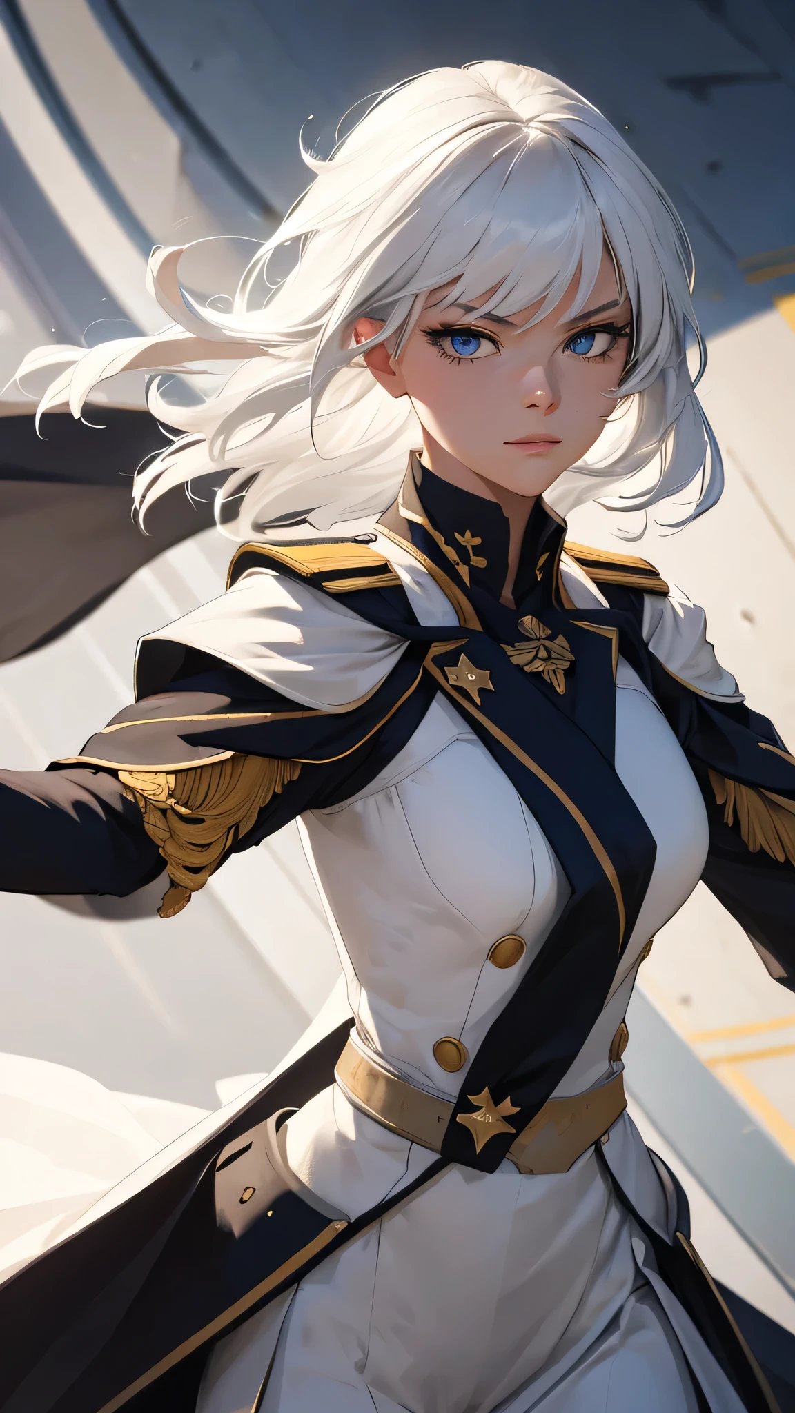 extremely detailed CG unity 8k wallpaper), (masterpiece), (best quality), (ultra-detailed), (best illustration), (best shadow), (absurdres) ,(detailed eyes), 2b, 1girl, long elegant hairstyle , white hair, solo, Intimidating women, admiral uniform, night, hero pose, white clothes, General Uniform, Military Uniform, Sunlight, exposed to sunlight,commander, fighting pose, wearing cape