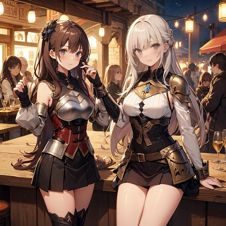 A group of  female medieval fantasy adventurers, (in tavern), various hair styles, harem, night, details face, short skirt, seducing, sleeveless, armor