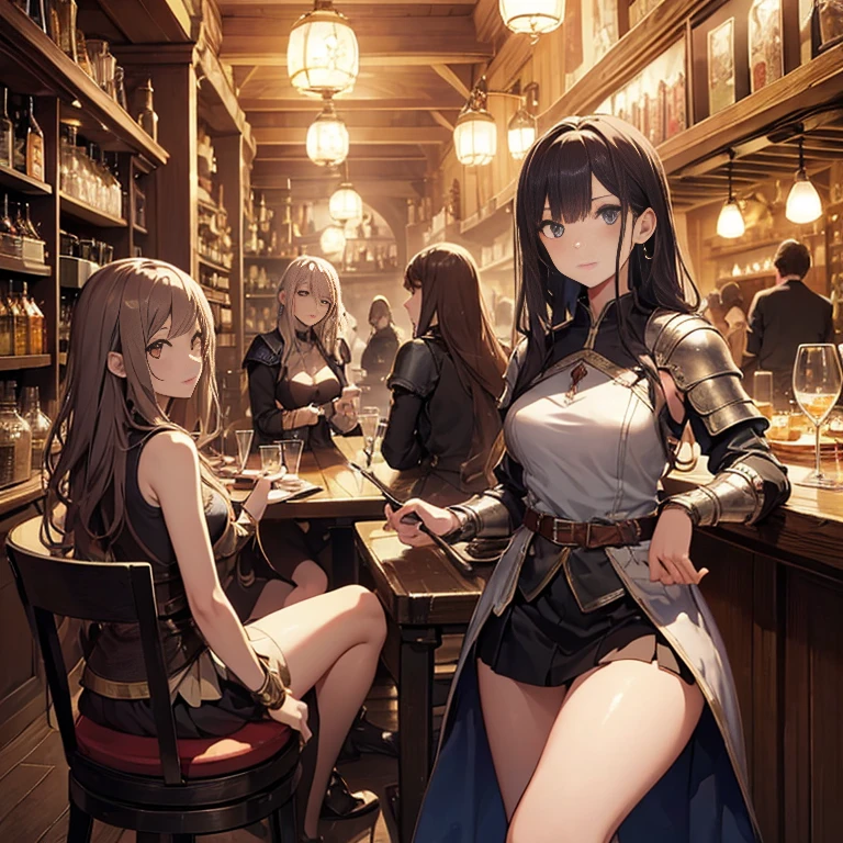 A group of  female medieval fantasy adventurers, (in tavern), various hair styles, harem, night, details face, short skirt, seducing, sleeveless, armor