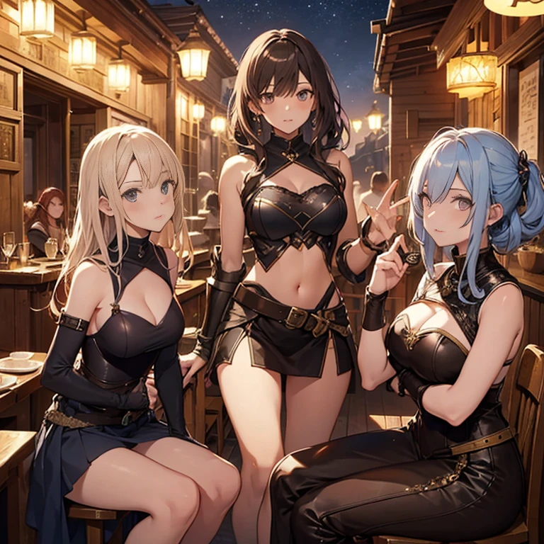 A group of female medieval fantasy adventurers, (in tavern), various hair styles, harem, night, details face, short skirt, seducing, sleeveless, armor