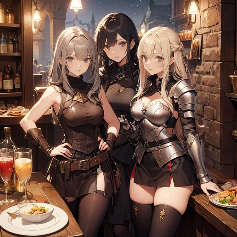 A group of female medieval fantasy adventurers, (in tavern), various hair styles, harem, night, details face, short skirt, seducing, sleeveless, armor