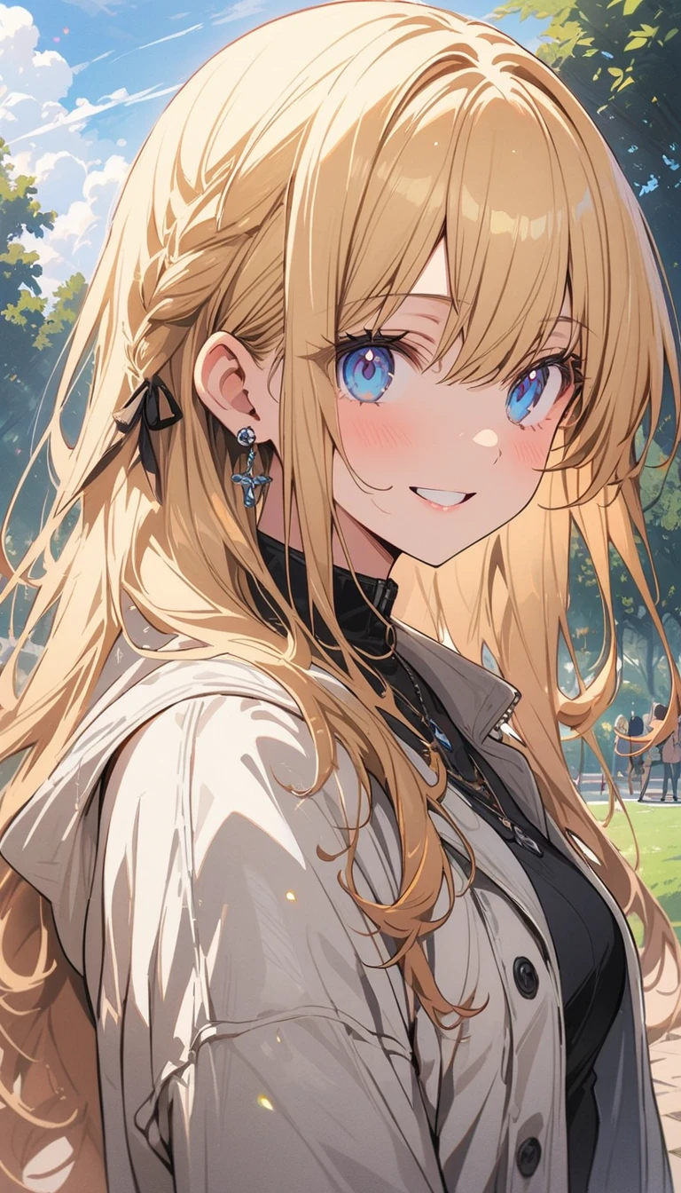 masterpiece, highest quality, One girl, beautiful, Are you okay, delicate, Very complicated, detailed, Blonde, Jacket, blue eyes, ((masterpiece)), extremely detailed, highest quality, High resolution, ((at the park)), Bridget, smile, (highest quality、masterpiece、High resolution、detailed)animeスタイル、Flat Style、(Shining Eyes、detailedbeautiful顔), BREAK,anime