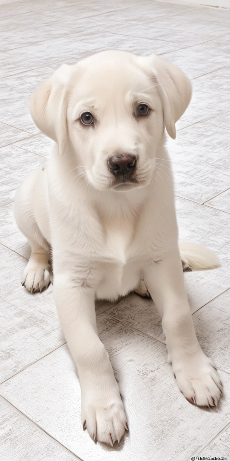 there is a white dog puppy that is sitting on the floor, cachorro, Fondo  blanco limpio, labrador, imagen realista, ultra imagen realista, imagen dibujada, retrato de alta calidad, pintado digitalmente, pintura digital suave, high resolution, painting of perro  perro , Quick paint, una pintura digital, sin linea, imagen hiperrealista de x, dibujo digital