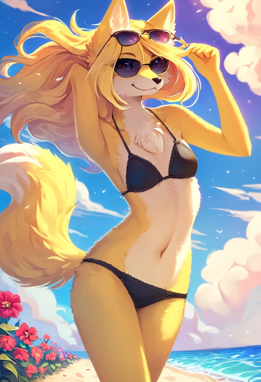 (masterpiece, beautiful), highly detailed, 8k uhd, intricate details, best quality, correct anatomy, vibrant lighting, HD, soft lighting, digital painting, a yellow furry female fox at beach, Black bikini, pose, tail, very long hair, sunglasses, flower, :3, cute, snout, sky, clouds, fine line, Small breasts