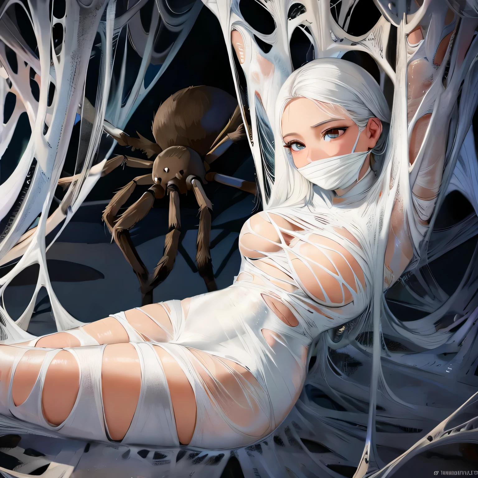 a woman trapped in the spider web, spider web, cocoon, gr3ysh33r,