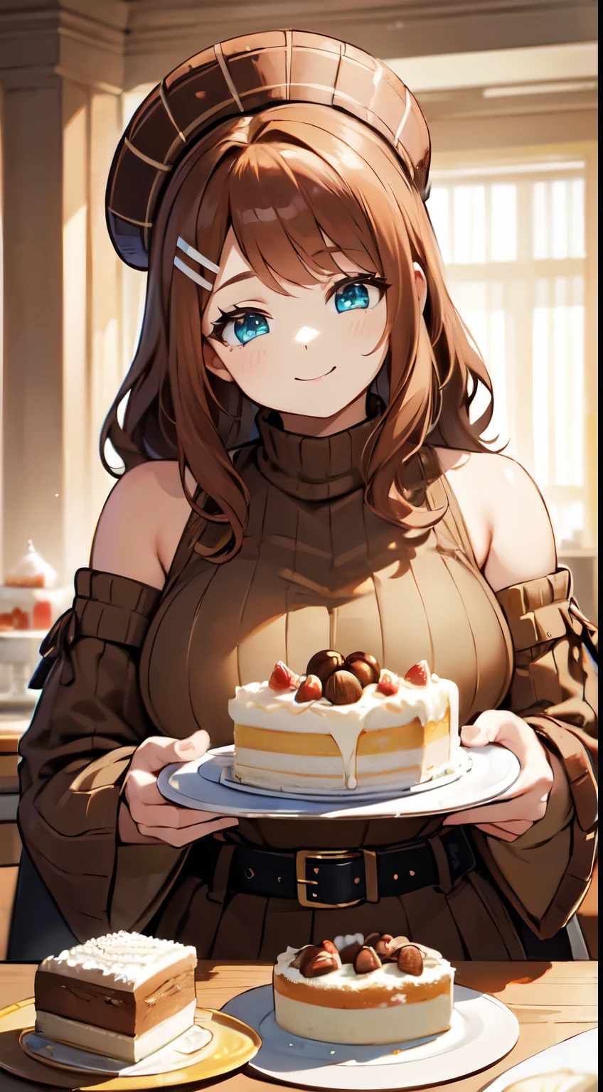 masterpiece,highest quality,Super detailed,8k,expensive,Big women,Huge Breasts,young,20-year-old,Medium Hair,Wavy Hair,brown hair,Hair Clip,Happy,smile,Brown sweater,Ribbed sweater,Exposing shoulders,Removable sleeves,Belt Buckle,Strapless,(huge cake:1.2),lots of cakes,(eat a cake:1.2),(chestnut cream cake:1.3),eat,Open your mouth,(giant chestnut cake:1.3),dish,cake,Sitting,close,