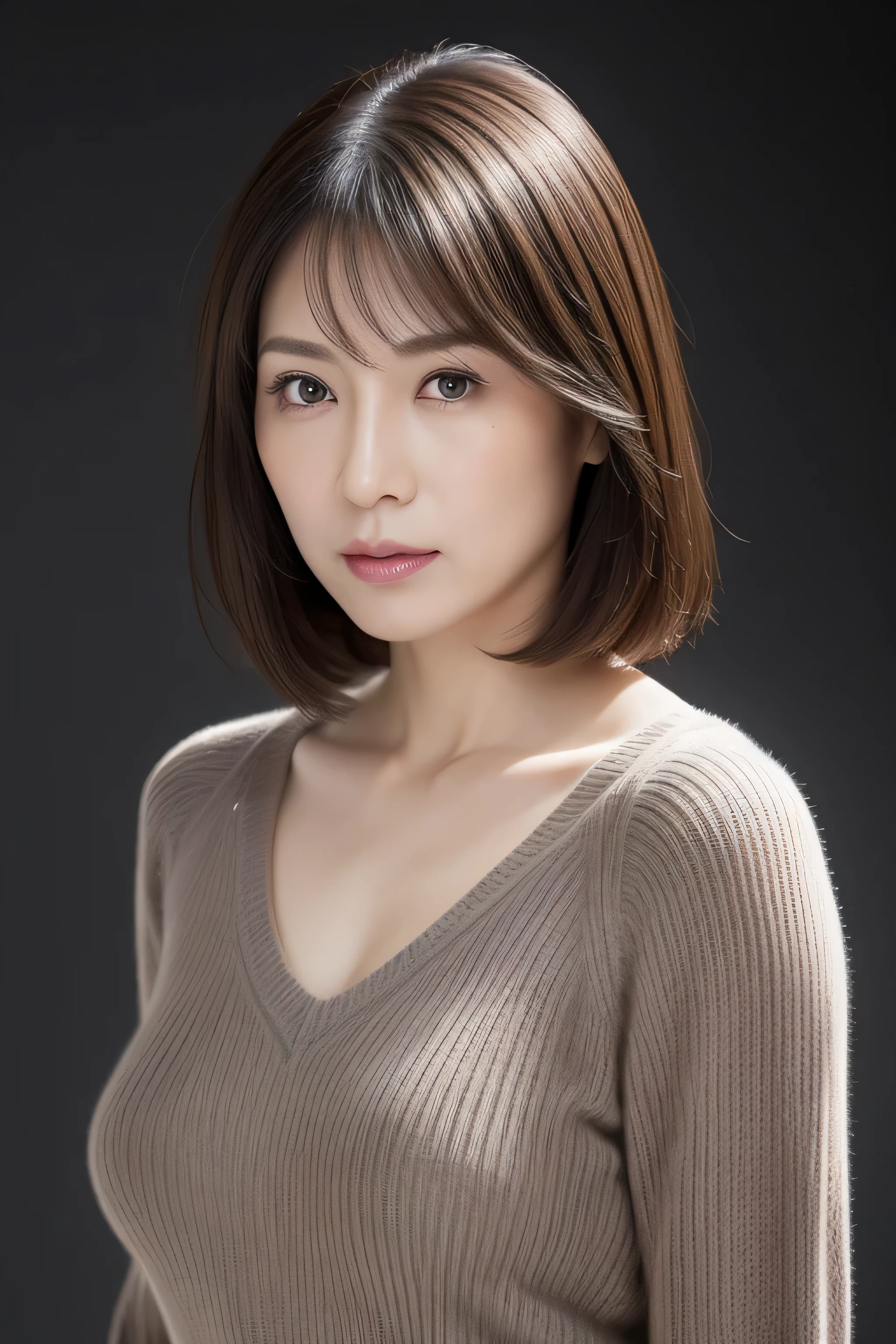 Ultra-high resolution, masterpiece, Irritated skin, very detailed, Photorealistic, Professional Lighting, Written boundary depth, sharp, (Gray background), (Front view:1.2),(Japanese Mature, 38 year old women are sexy:1.0), Detailed face, Beautiful Eyes, bangs, Shapely large breasts, Light brown straight hair, Faint lips, (Catch Eye:1.3),((Stand in front、Look at the audience, Serious face eyes,)), (Lightweight sweater:1.0), Theta, Full body photo, Cowboy Shot,