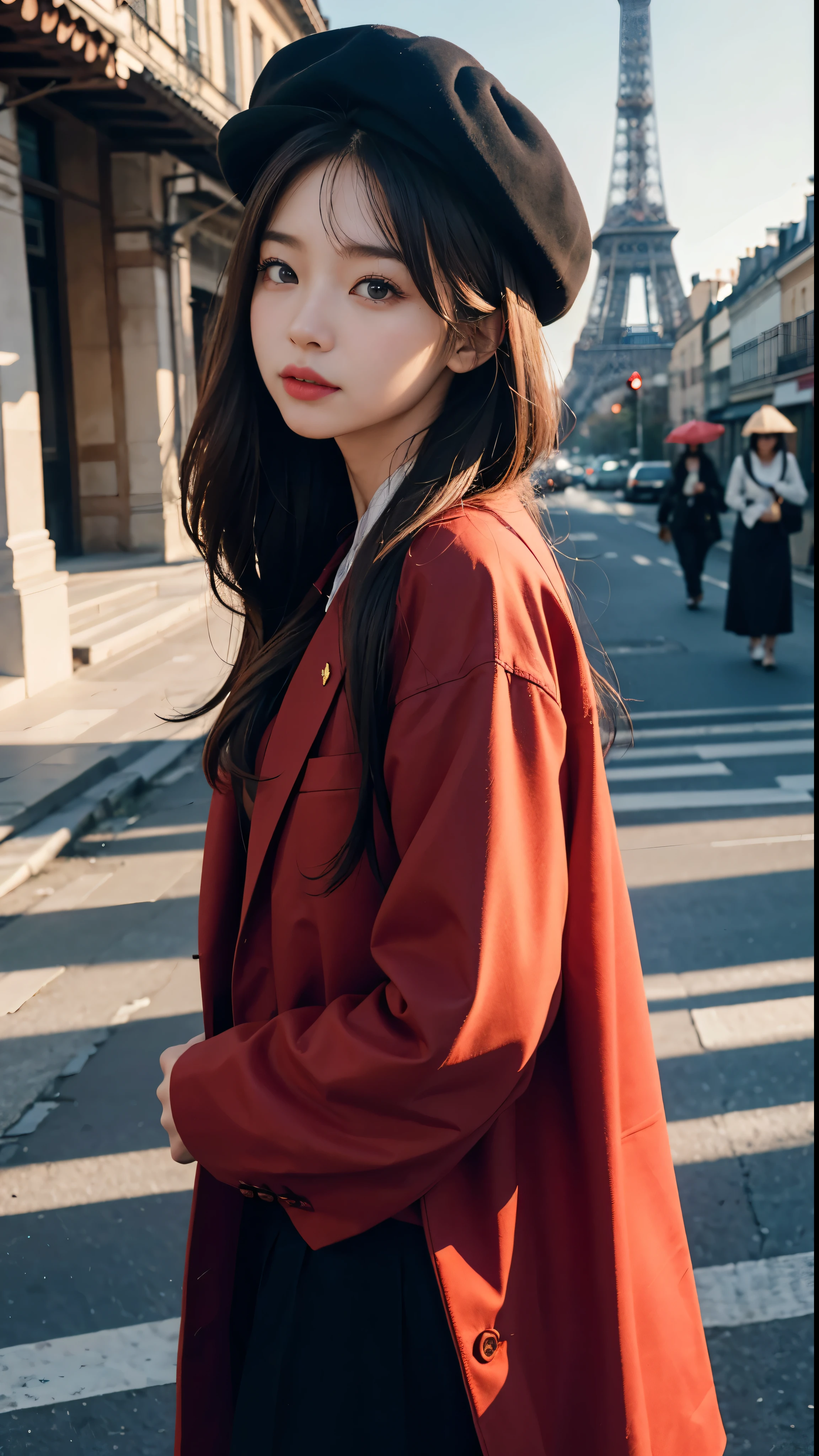 (Realistic:0.2)、with high definition images、1 girl、Red coat、big red hat、Paris、France、SFW、Black trousers、Black office shirt、Carmen San Diego、Blue sky、Long Hair、Dramatic Lightning、Light、Magnificent Light、Light on face、Backlight、face light、Lit face、fill lamp、Fill Light、(masterpiece)、 It features a girl standing in the center of Paris, France.。Red coatとbig red hatを身に着け、Adds a playful touch to your outfit。The setting sun paints the sky blue、A calm atmosphere, yet